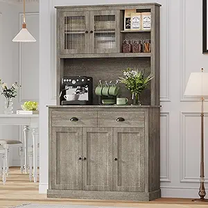 GarveeHome Pantry Cabinet with Drawers and Adjustable Shelves, 71”Tall Freestanding Kitchen Cabinet with Microwave Stand, Kitchen Hutch for Dining Room, Rustic Grey