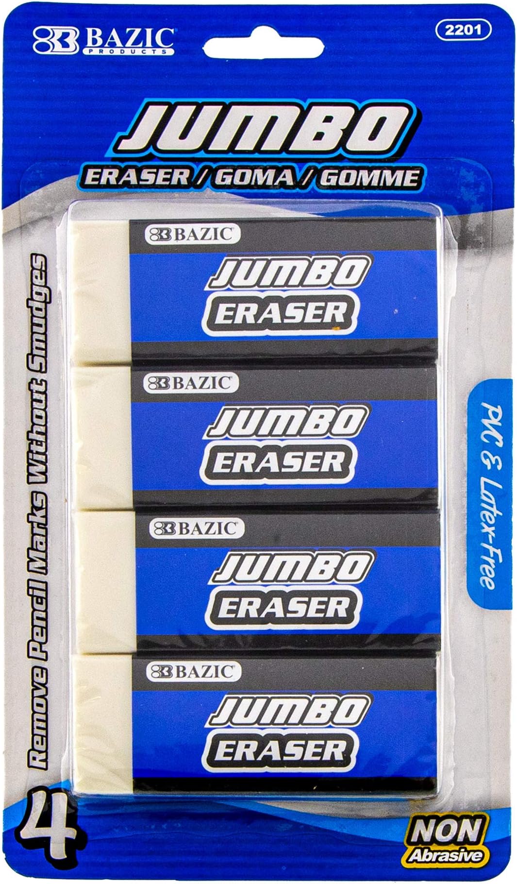 BAZIC Products Erasers, Jumbo Vinyl Pencil Eraser (4/Pack), Latex Free, White Large Size Block Erasers for Art Drawing School Office Teachers, 1-Pack
