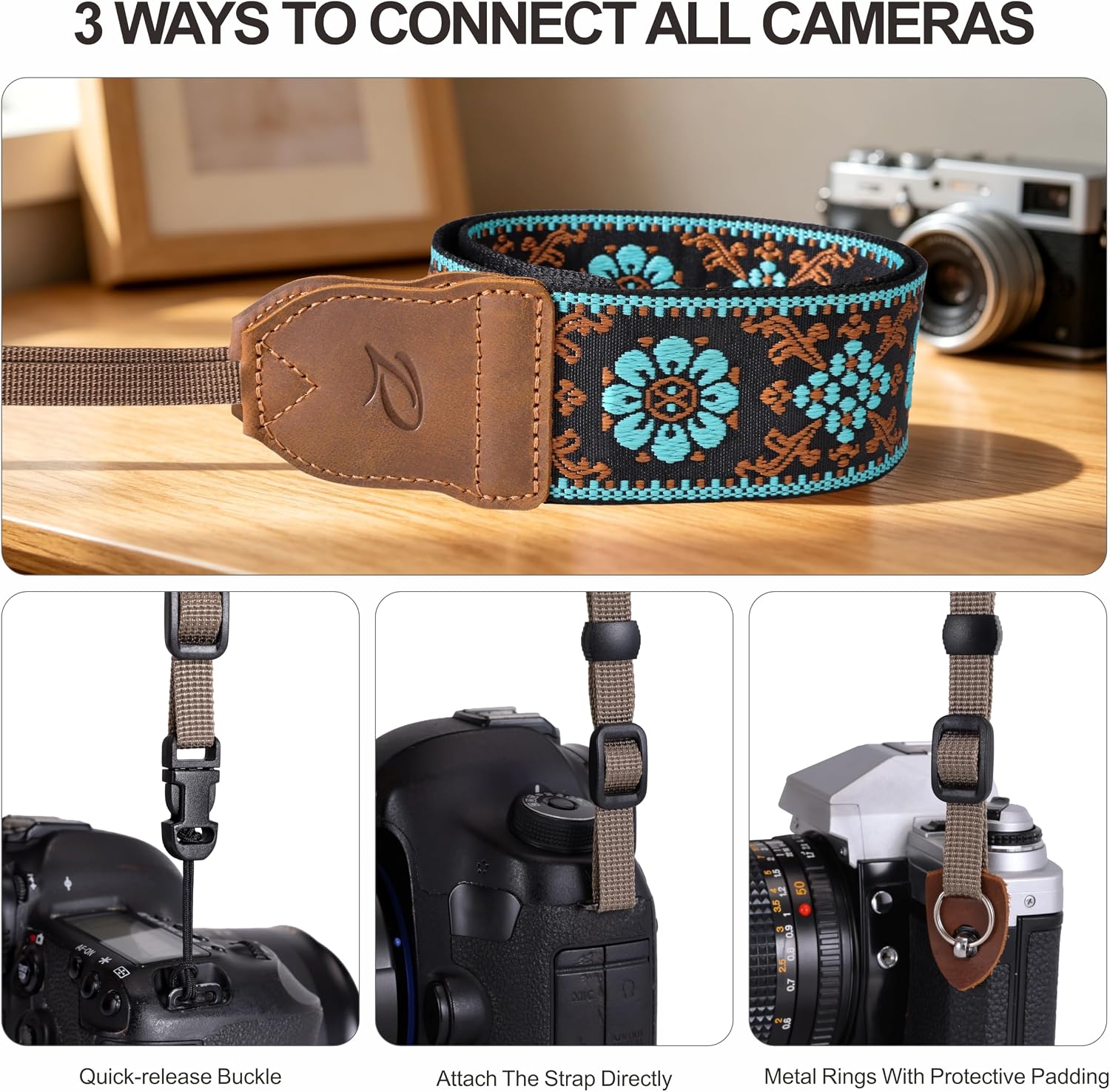 Padwa Lifestyle Camera Strap - 2" Crazy Horse Cowhide Ends Adjustable Camera Straps for Photographers, Soft Fabric Embroidered Cotton Strap Quick Release fits All Cameras(Blue Flower) image 4