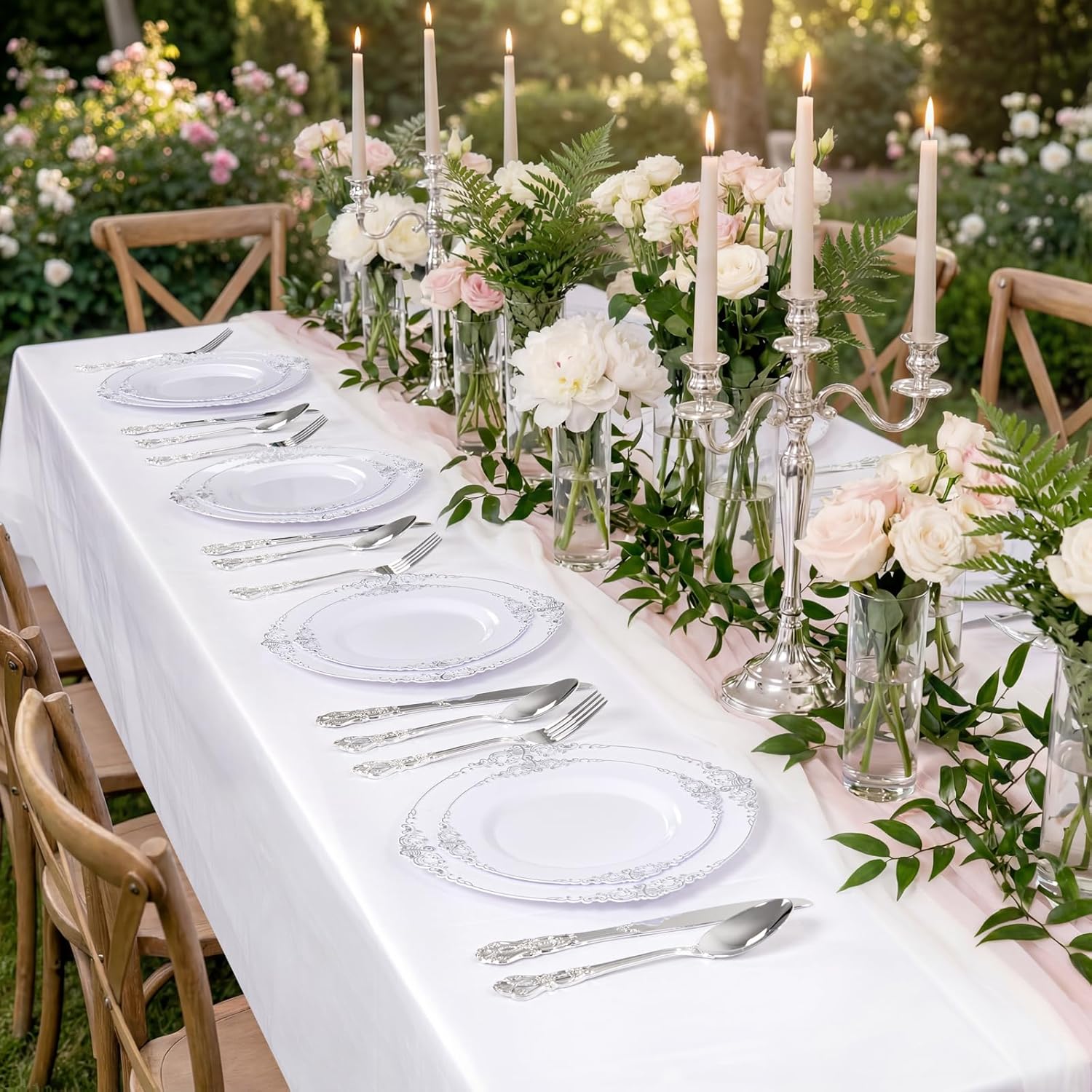 102PCS White and Silver Plastic Plates - Heavyweight Silver Plate - Wedding Plate with Silver Rim - Fancy Dinner & Dessert Plates for 51 Guests Weddings & Parties - Image 6