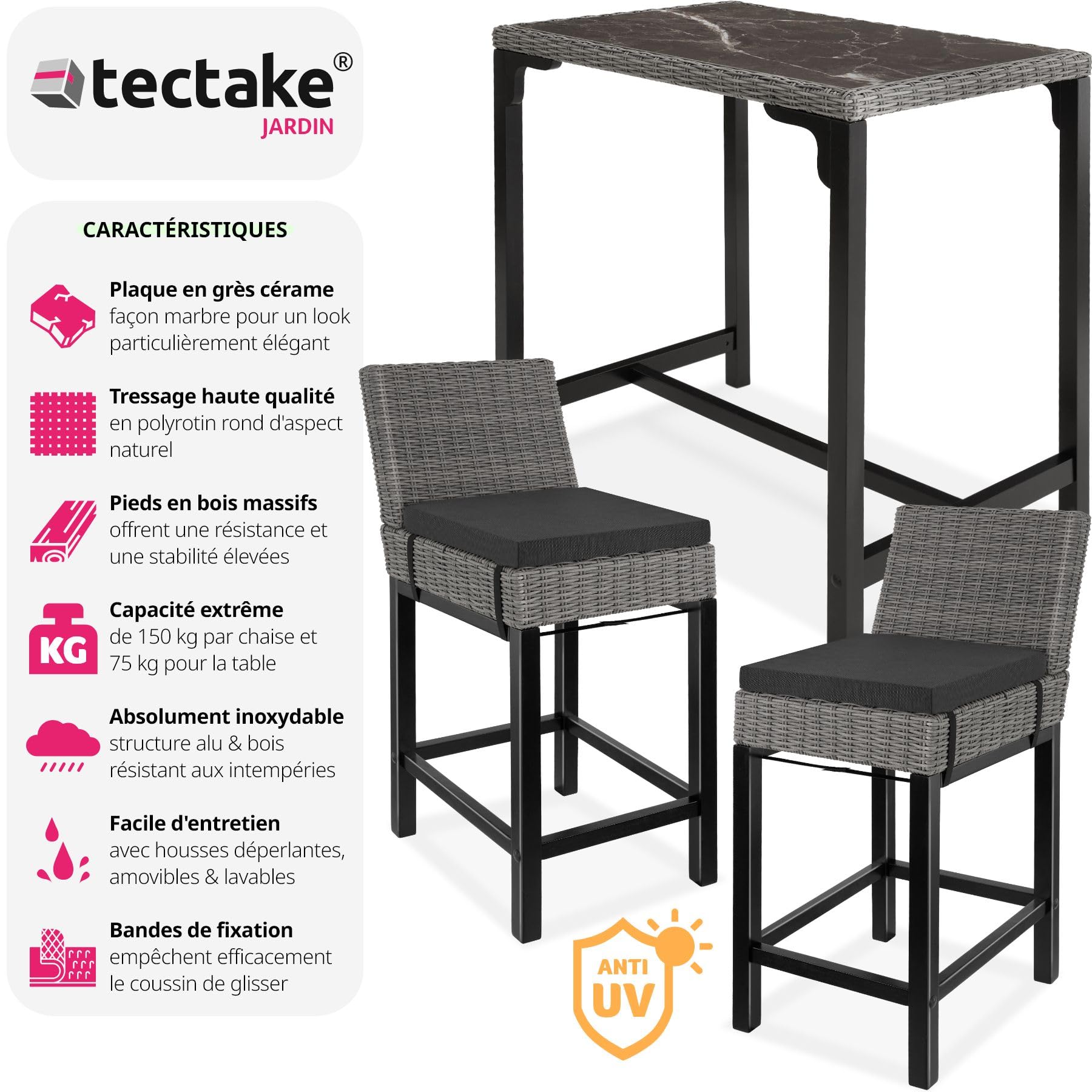 tectake® Ensemble de Bar Extérieur en Poly Rotin 2 Places - Table et 2 Chaises de Jardin avec Coussins Inclus - Mobilier pour Aménagement Balcon