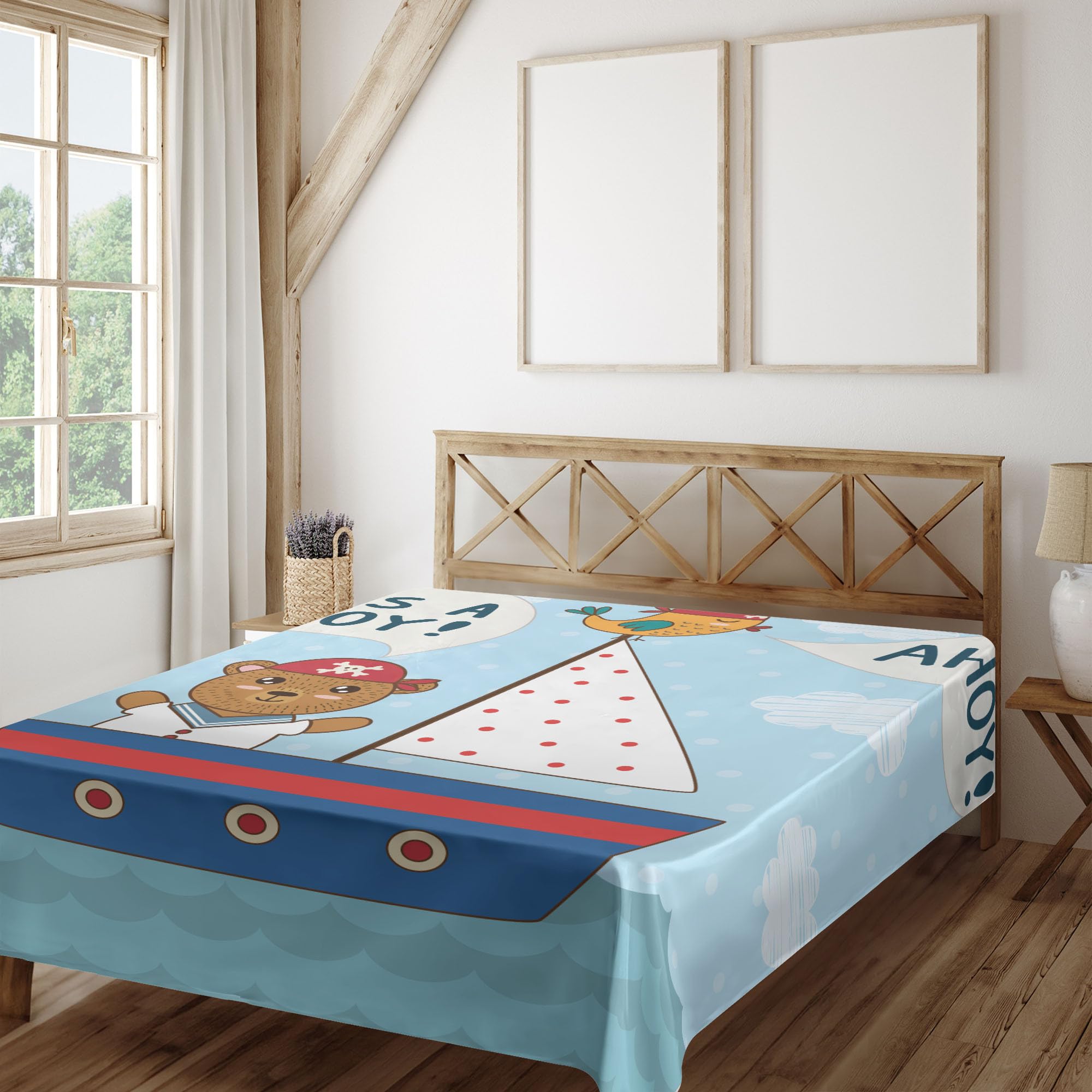 Ambesonne Ahoy Its a Boy Flat Sheet, Shower Theme It's a Boy in Nautical Style Bear and Bird in Boat, Soft Comfortable Top Sheet Decorative Bedding 1 Piece, California King, Multicolor