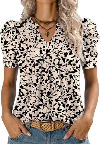 Kistore Ladies Tops Puff Short Sleeve T-Shirt V Neck Summer Tops for Women UK Fashion Blouses Shirts S-XXL