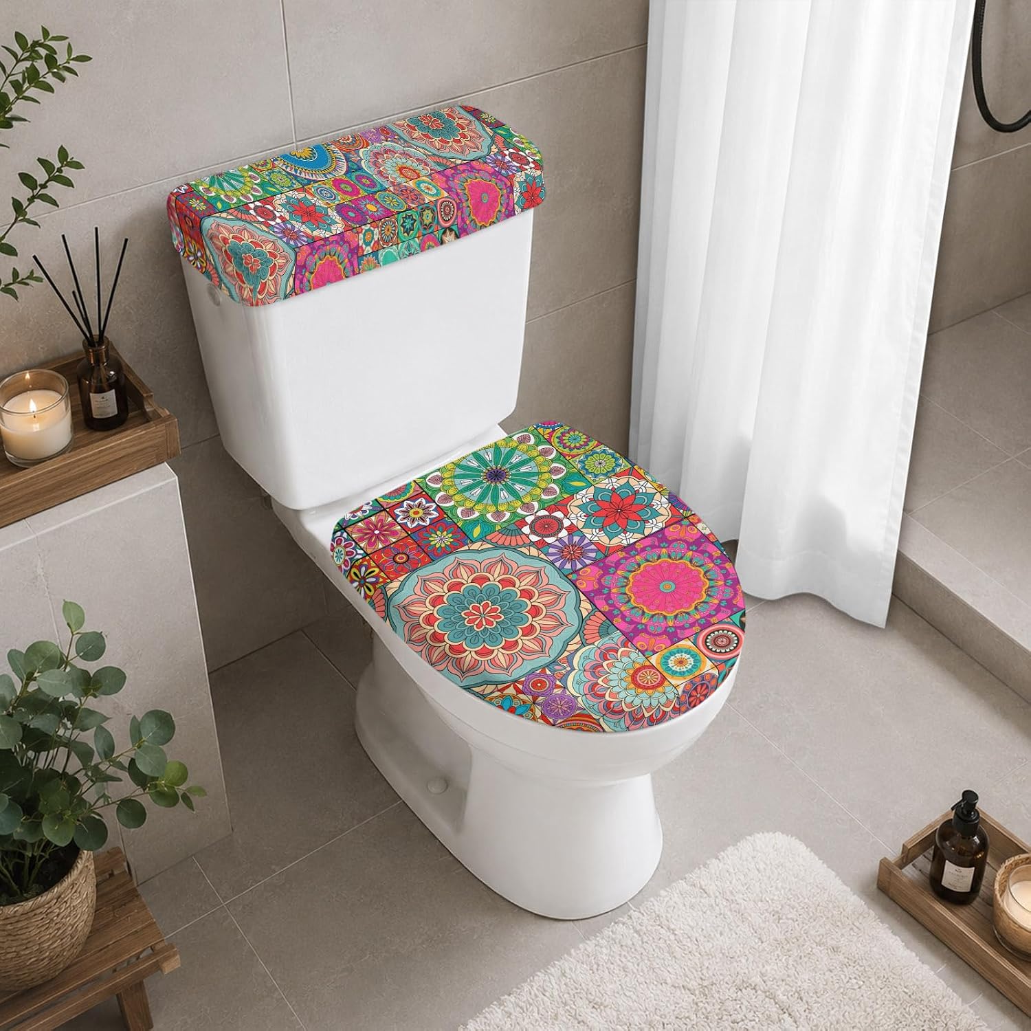 Colorful Ethnic Elastic Toilet Lid and Tank Covers Set, National Modern Geometric Red Green Decorative Bathroom Decor, 2 Pcs Toilet Lid Cover and Toilet Tank Lid Cover with Elastic Bottom image 4