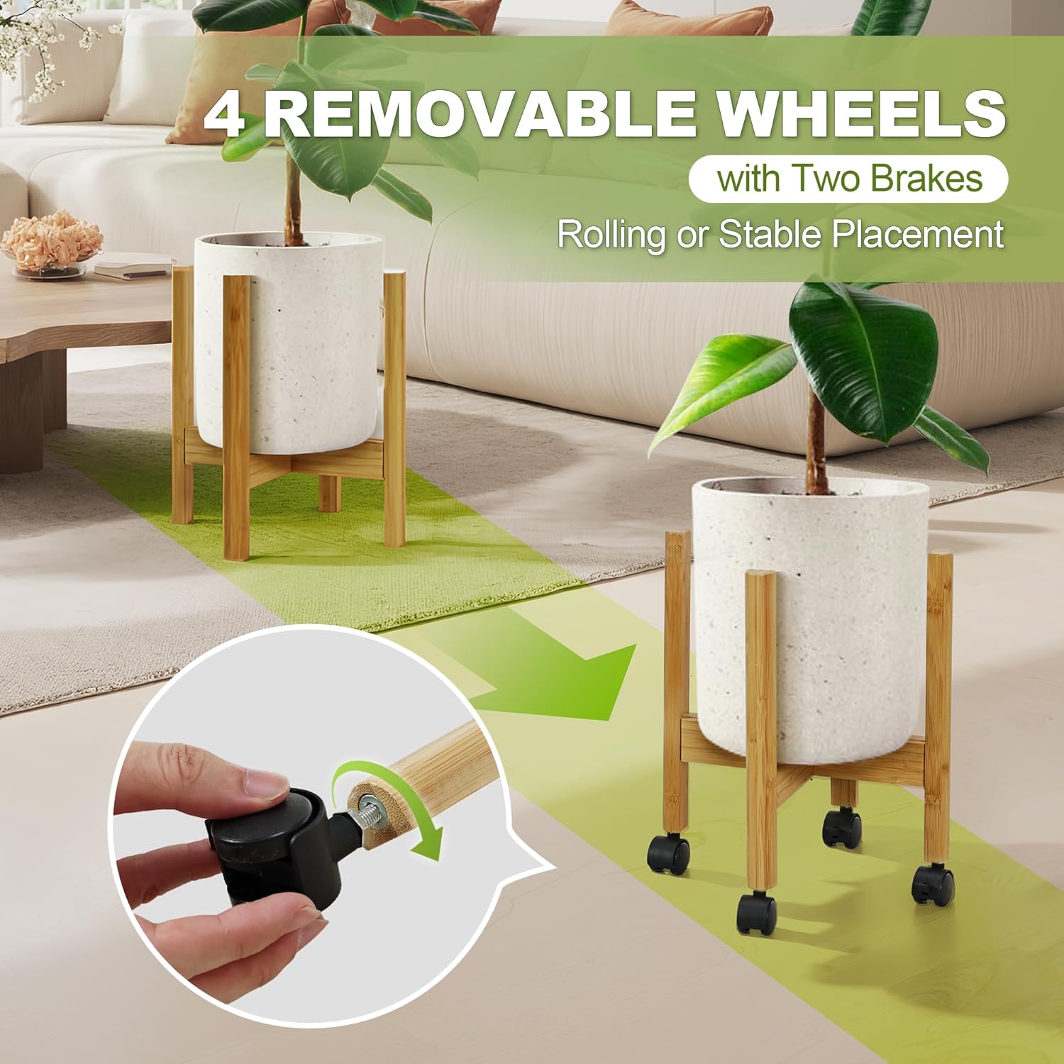 Adjustable Plant Stand Indoor with Detachable Wheels Bamboo Mid Century Plants Stand Expandable Plug in Assemble Flower Pot Stand,Fit 8 9 10 11 inches Pot（Not Included, Natural