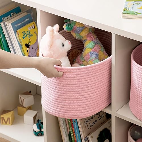 Miniatura 4 de UBBCARE Paquete de 3 cestas para estantes, 15 x 10 x 9 pulgadas, cesta de almacenamiento tejida decorativa, color rosa