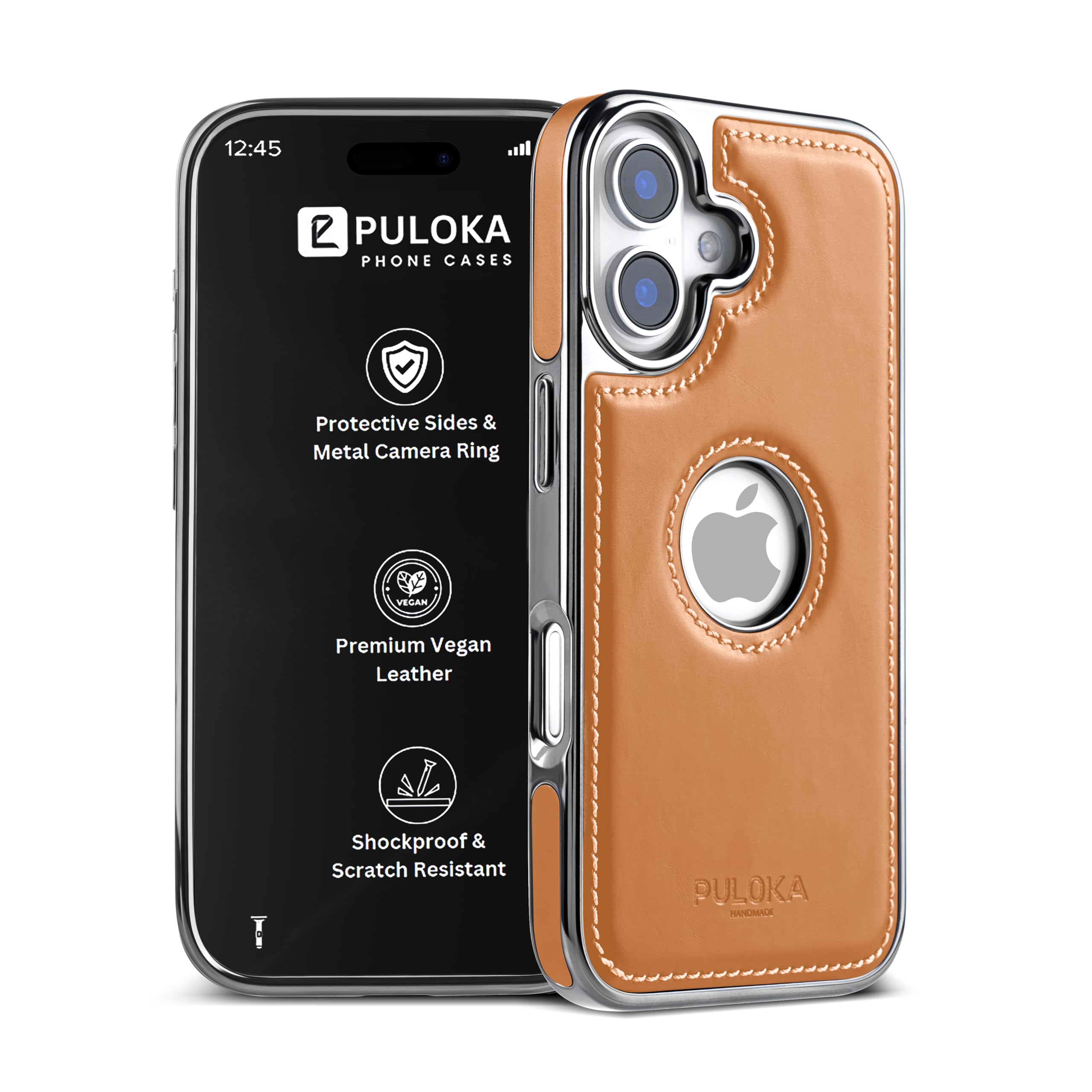 PULOKA Chrome Leather Back Case - Compatible with iPhone 17 - Premium Bumper Case - Flexible Vegan Leather - Electroplated Sides & Logocut - Full Camera Protection & Raised Edges - (Brown) — Amazon image 7