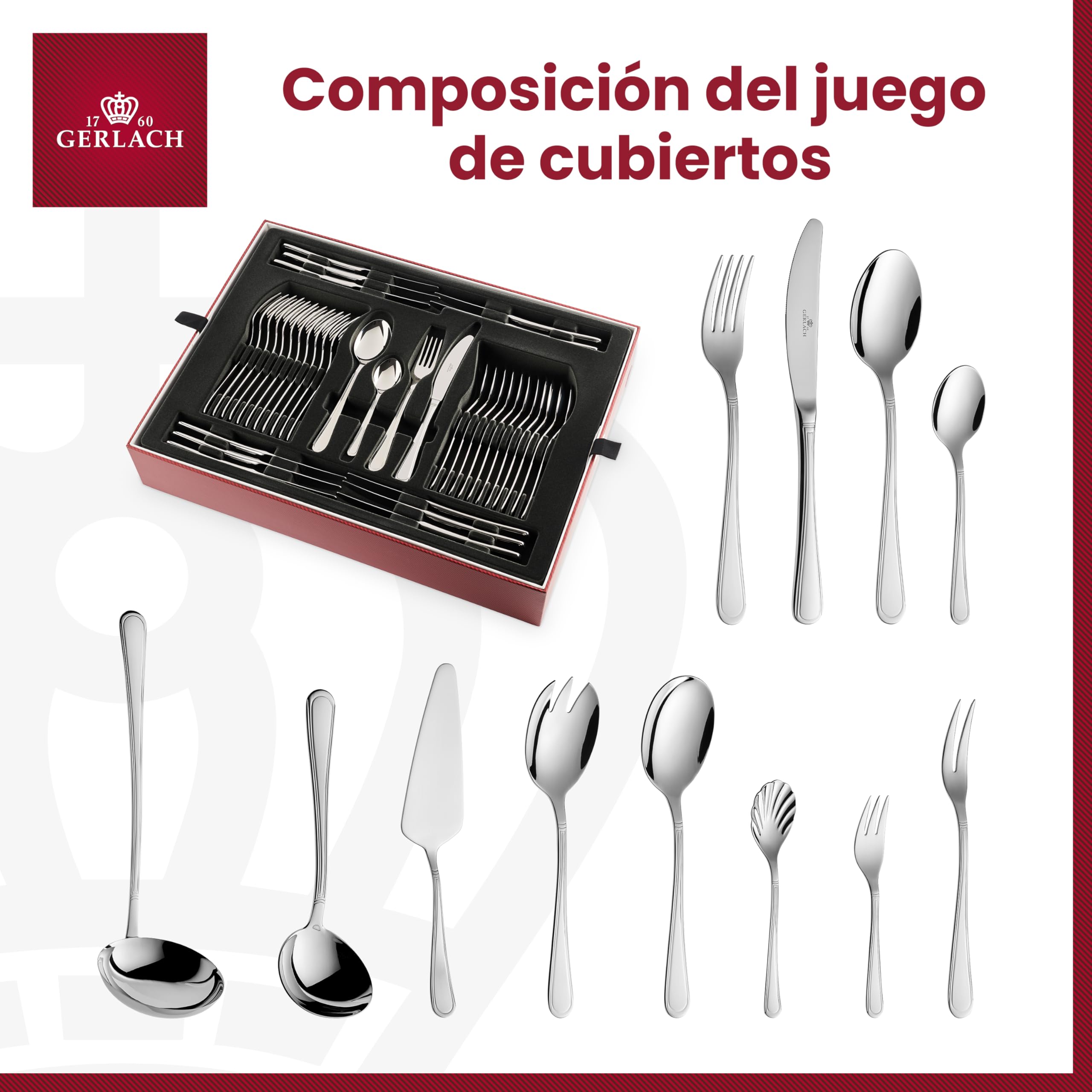Gerlach - Cubertería Mate Antica, Acero Inoxidable, Plata, 50 x 37 x 10 cm, 68 Unidades