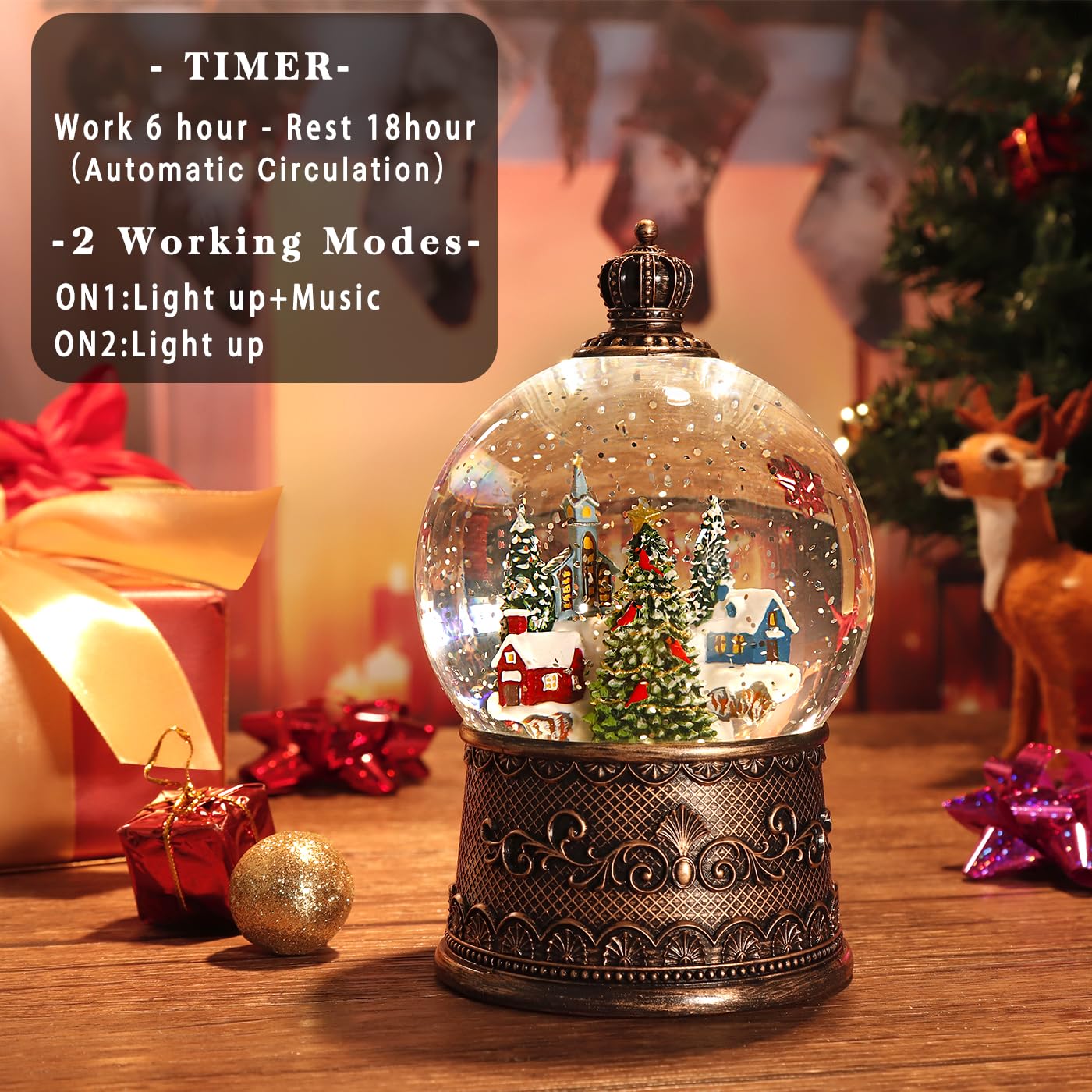 Boule à neige de Noël de 100 mm avec musique et fontaine Lanterne de Noël Décorations Village enneigé avec grand sapin de Noël Double mode d'alimentation : USB et piles