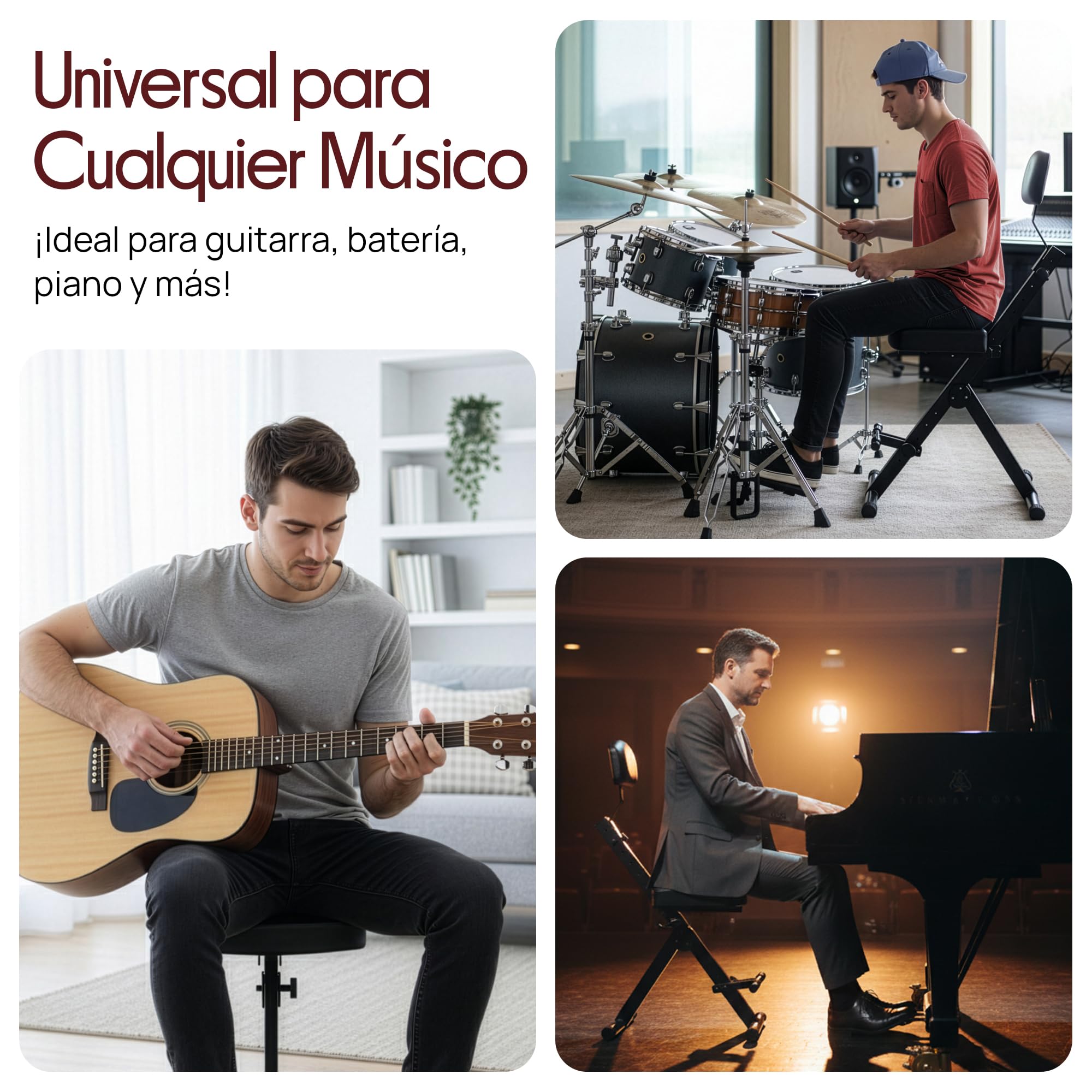 Pyle Taburete Guitarra, Silla bateria, Portátil, Ajustable, para músicos Plegable, Asiento y Respaldo Acolchados, Reposapiés