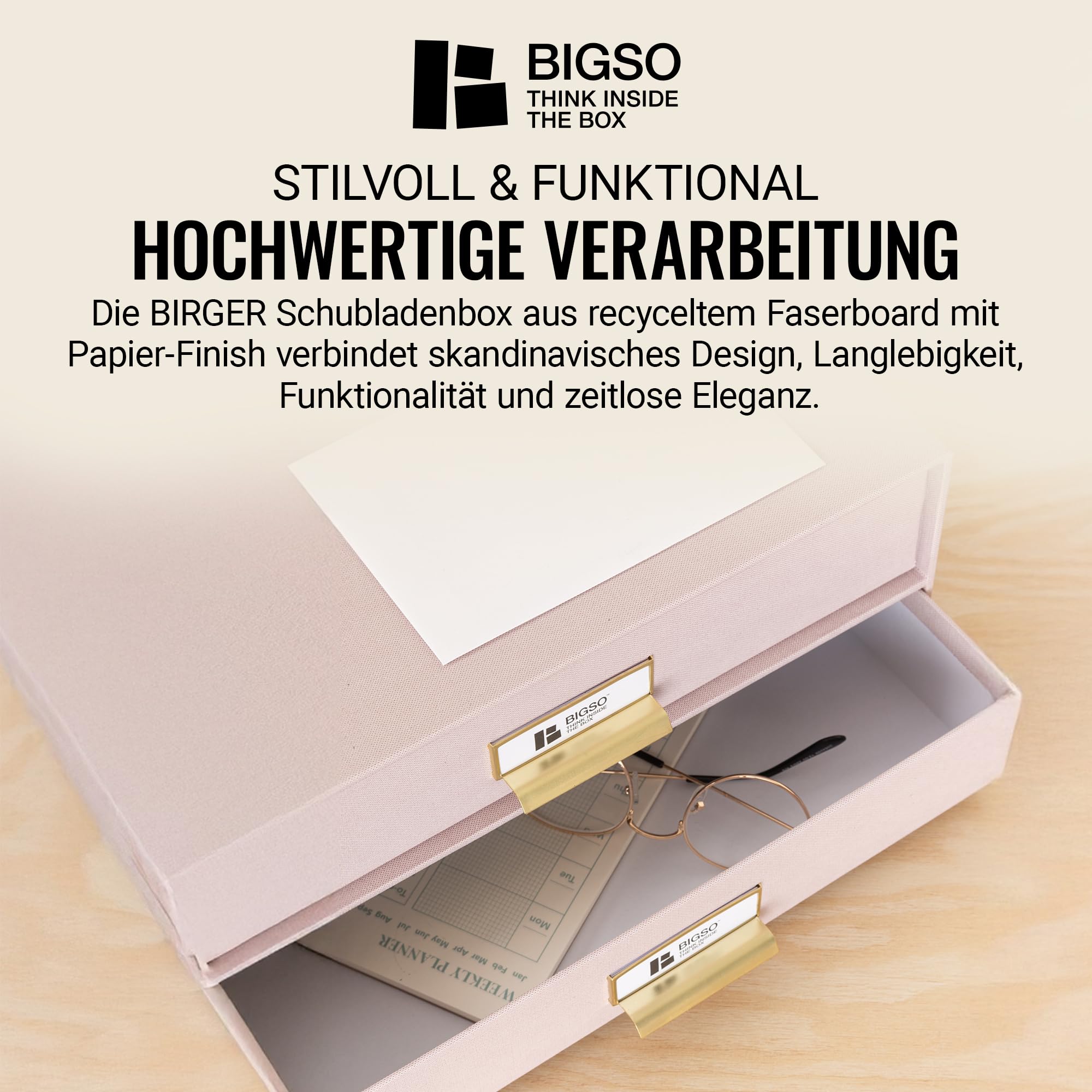 BIGSO BIRGER Schubladenbox – Aufbewahrungsbox mit 2 Schubladen – Schreibtisch Ablage für Dokumente & Bürobedarf – Ablagesystem aus recycelter Faserplatte und Papier – rosa