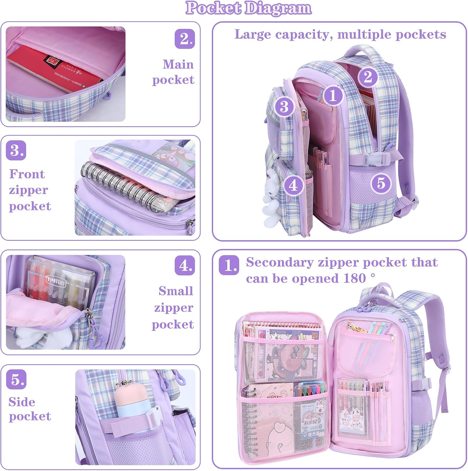 Kids School Backpack Set for Elementary Girls,Cute Rabbit Bookbag image 3