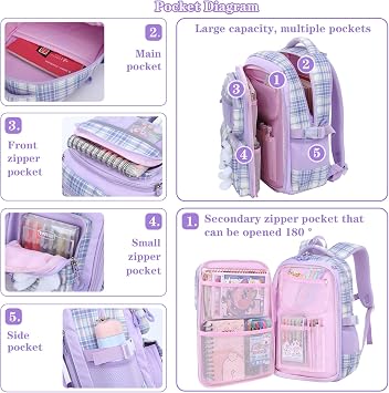 Girls Backpack Set,Kid School Backpack with Lunch Bag and Pencil Case,Cute Rabbit Bookbag for Elementary (Purple-Bunny)