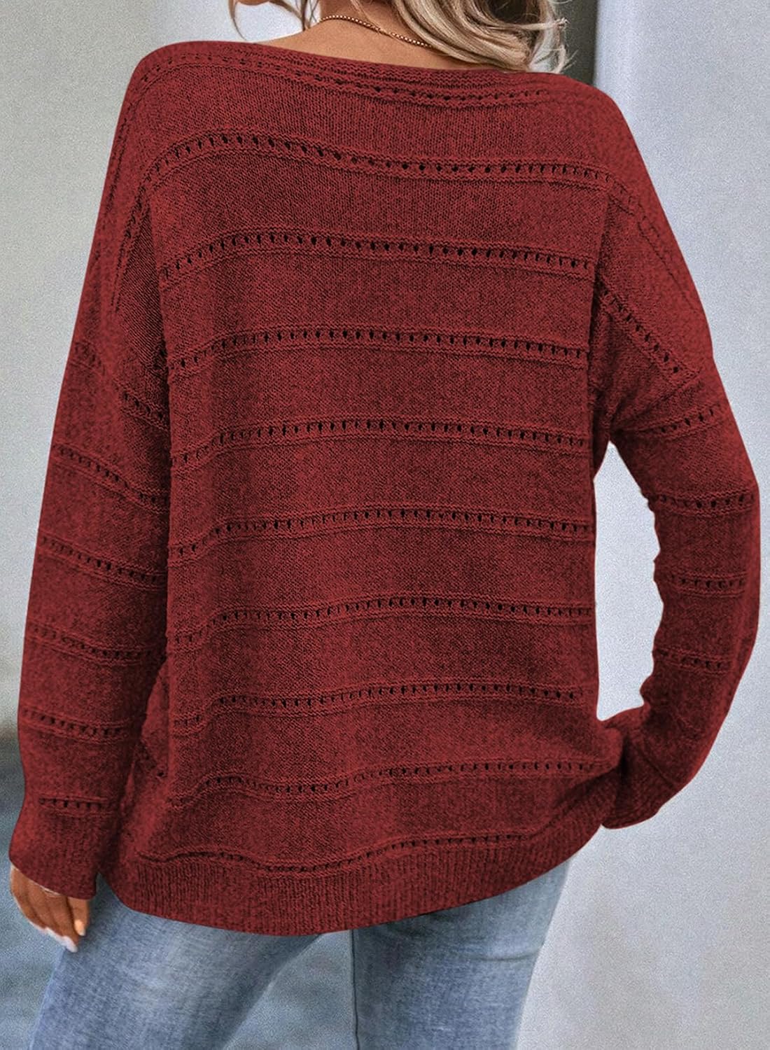 SHEWIN Women's Sweaters Crew Neck Crochet Sweater Lightweight Knit Long Sleeve Tops Shirts Loose Fit Spring 2026 - Image 3