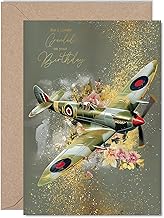Gold Grandad Birthday Card - Spitfire Airplane - Happy Birthday Card for Grandad from Grandson Granddaughter, 5x7 Inch Golden Vintage Aviation Military Plane Bday Greeting Cards