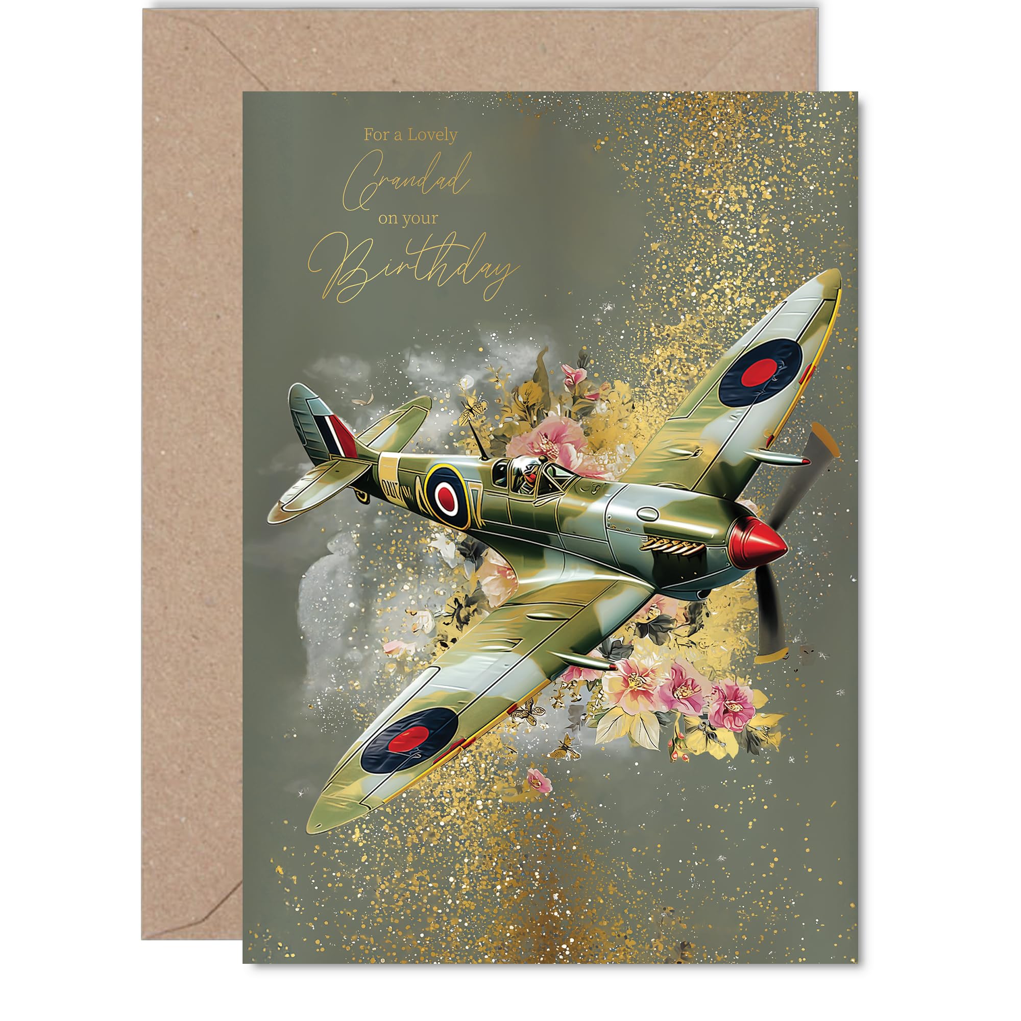 Gold Grandad Birthday Card - Spitfire Airplane - Happy Birthday Card for Grandad from Grandson Granddaughter, 5x7 Inch Golden Vintage Aviation Military Plane Bday Greeting Cards