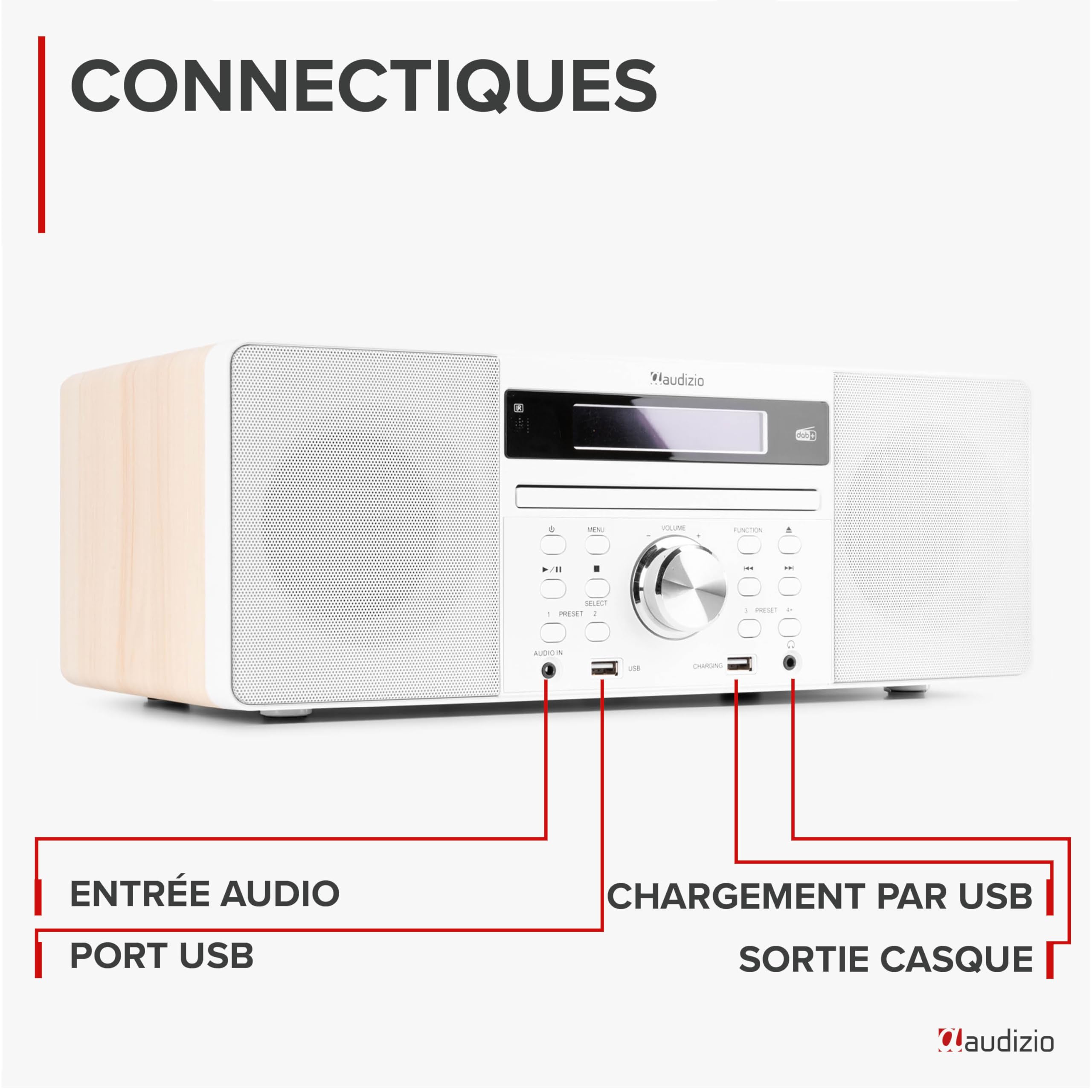 Audizio Prato Radio Dab+ et Lecteur CD avec Technologie sans Fil Bluetooth, Écran LCD, Fonction Horloge et Veille, 2X Port USB, Entrée AUX, Sortie Casque, Télécommande Incluse, Couleur Blanc