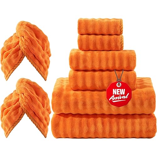 COZYART Lint Free Towel Sets 8 Pcs Orange, 500GSM, Super Soft, Absorbent & Quick Dry Microfiber 3D Bubble Bathroom Daily Use Set with 2 Bath Towels, 2 Hair Towels, 2 Hand Towels, 2 Washcloths
