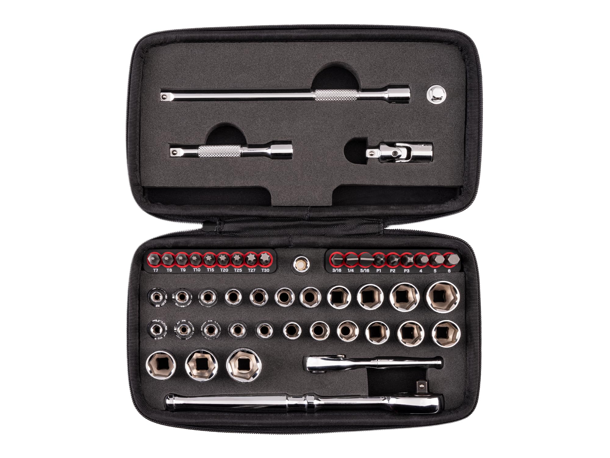 TEKTON 1/4 Inch Drive 6-Point Small Engine Shallow Socket, Bit, and Quick-Release Ratchet Set with Case (50-Piece) | SKT07902