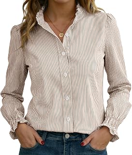 Funlingo Women's Striped Button Down Shirts Long Sleeve Smocked Cuffed Ruffle Collar Blouses Spring Work Business Casual Tops