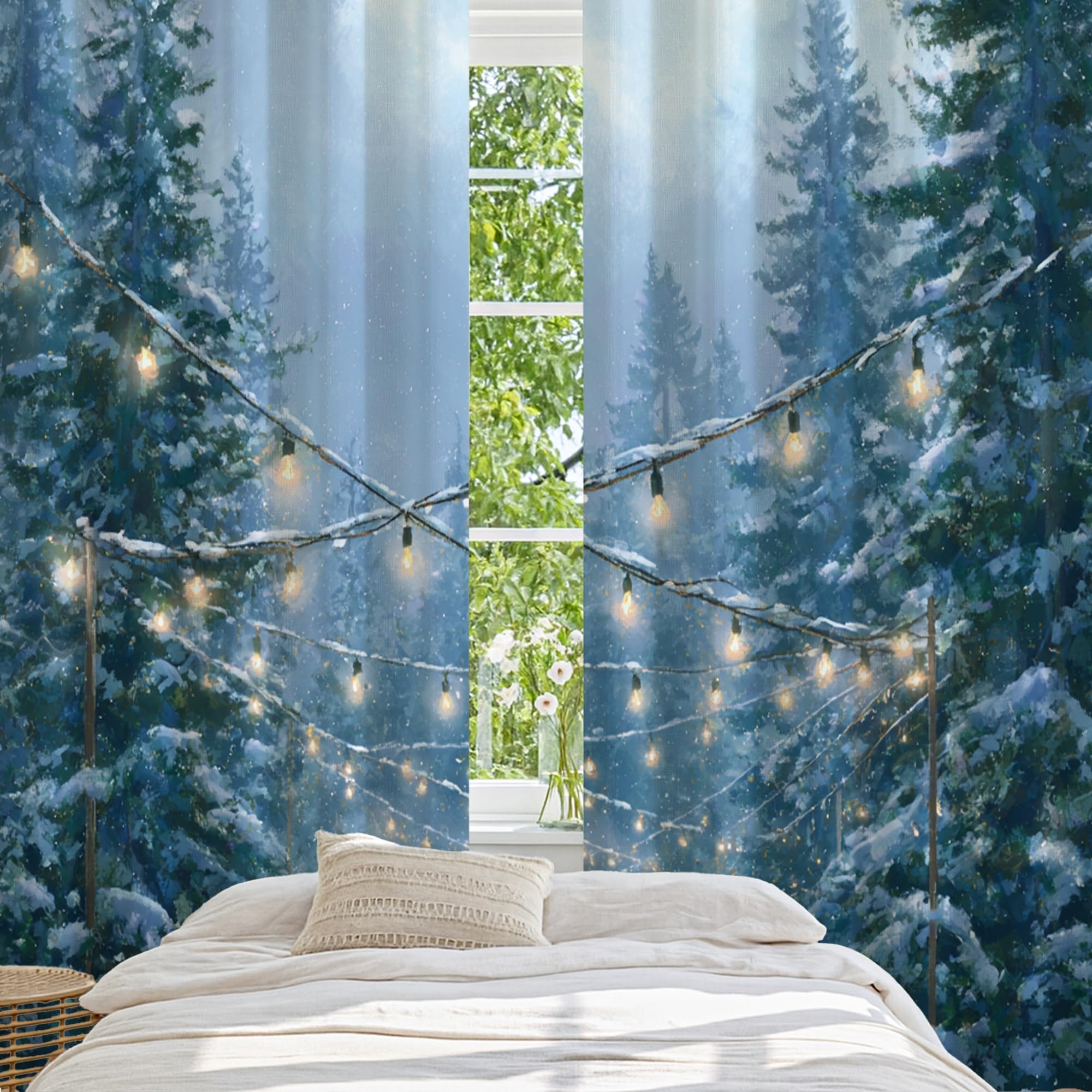 Verdunkelungsvorhänge, Kiefernbäume, rustikale Lichterkette, Schnee, Winter, blau, maschinenwaschbar, Fenstervorhang für Schlafzimmer, Kinderzimmer, Dekoration, 132 x 244 cm