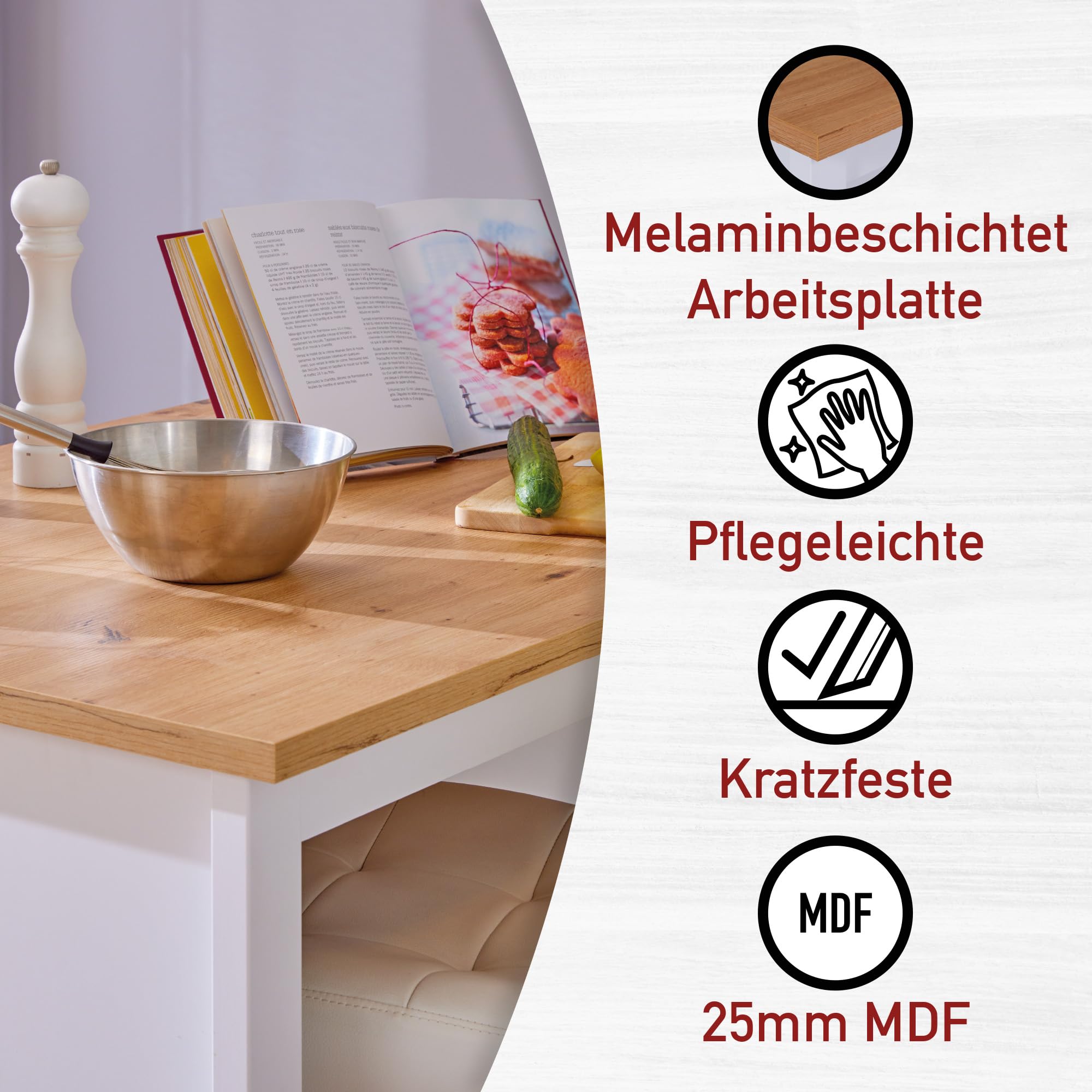 Îlot De Cuisine BELISA - 124x75x82 Cm - Plan De Travail Chêne, étagères - Blanc/Fresco - À Monter - 2