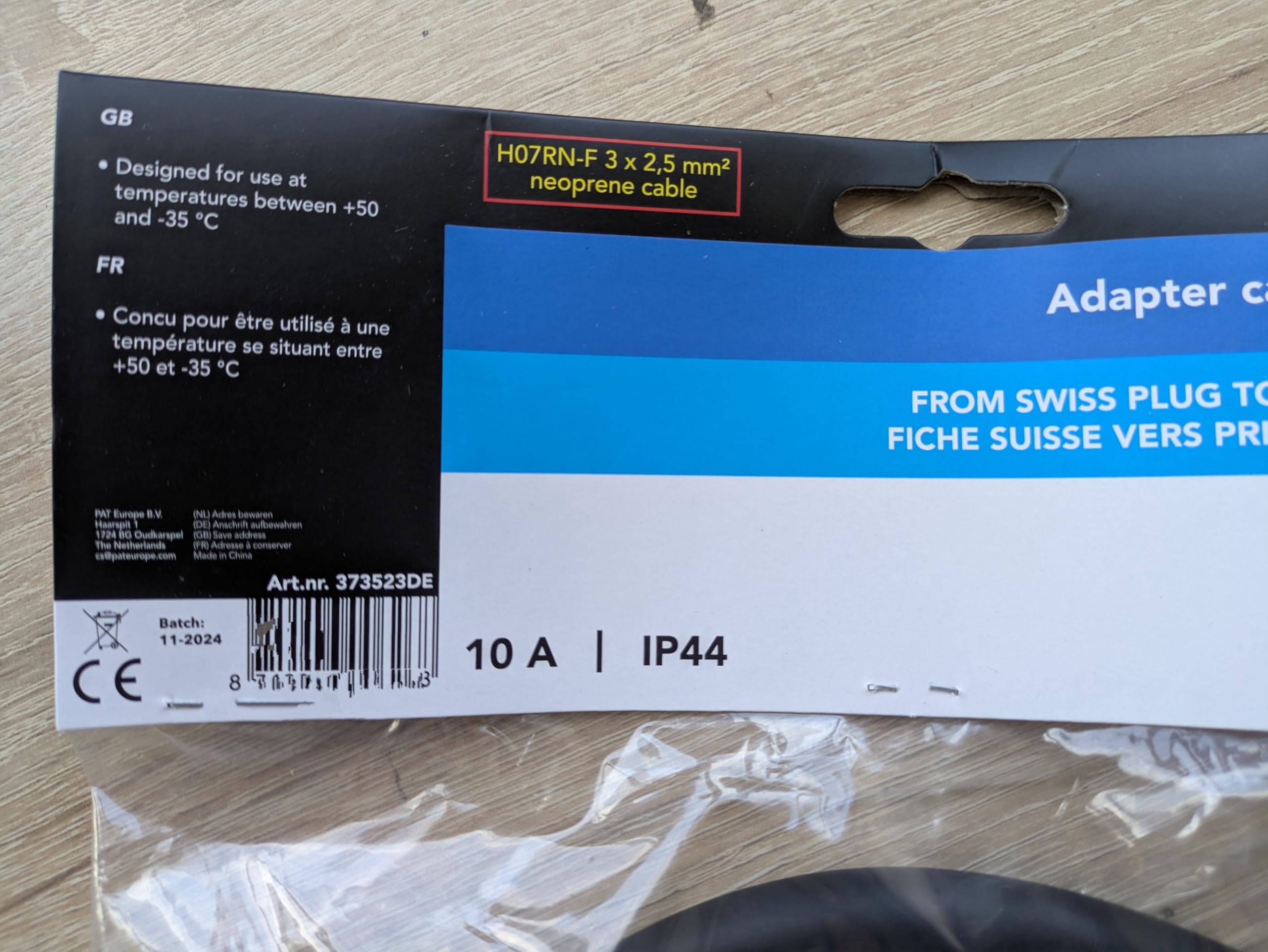 Câble adaptateur CEE 40 cm 3 x 2,5 mm² | Fiche suisse vers CEE | Câble en néoprène H07RN-F | 10 A, IP44, résistant aux températures de -35 °C à +50 °C