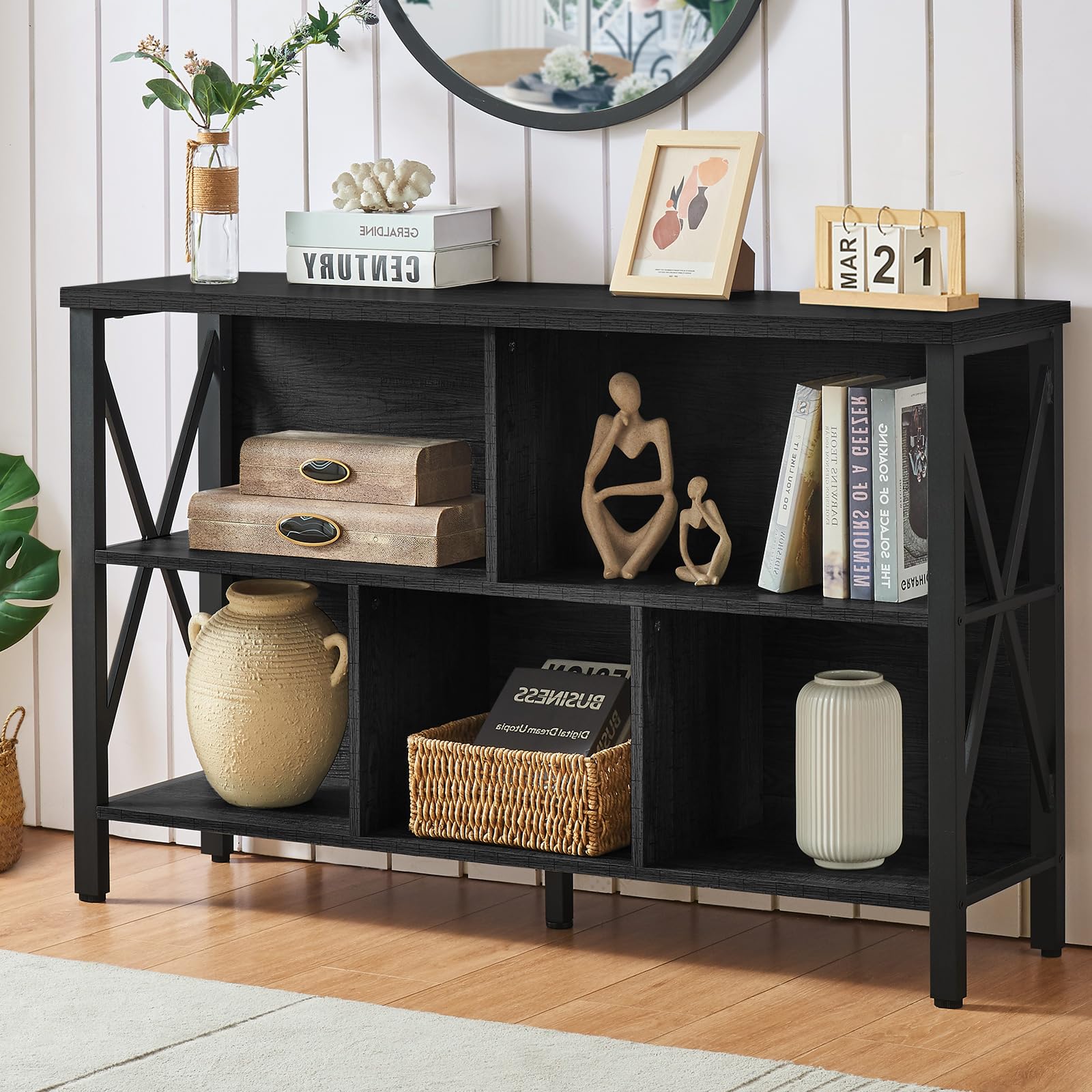 HOMISSUE Cube Storage Organizer Shelf, Rustic Horizontal Bookshelf with 5 Cube Storage, Industrial Short Wide Bookcase with 3 Tier Shelves, Low and Long Cube Bookshelf for Living Room, Office, Black