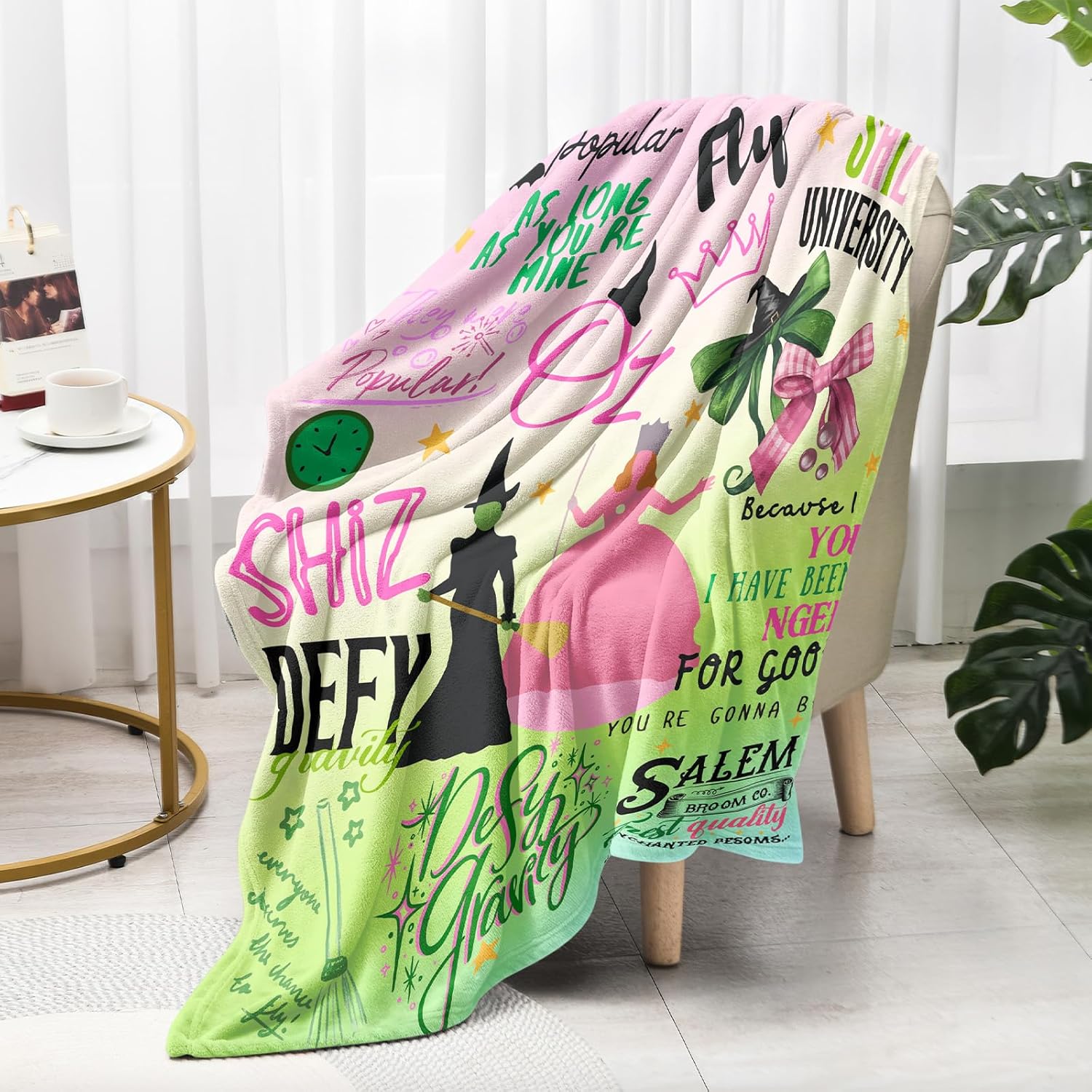 50'' x 40'' Witch Mix Green Vintage Flannel Blanket, Evil Gift Queen Throw, Elphaba Hat Glinda Magic Movie Land Blanket, All Seasons Warm Cozy Soft Blanket for Sofa Bed Halloween Women Girls Fans 2