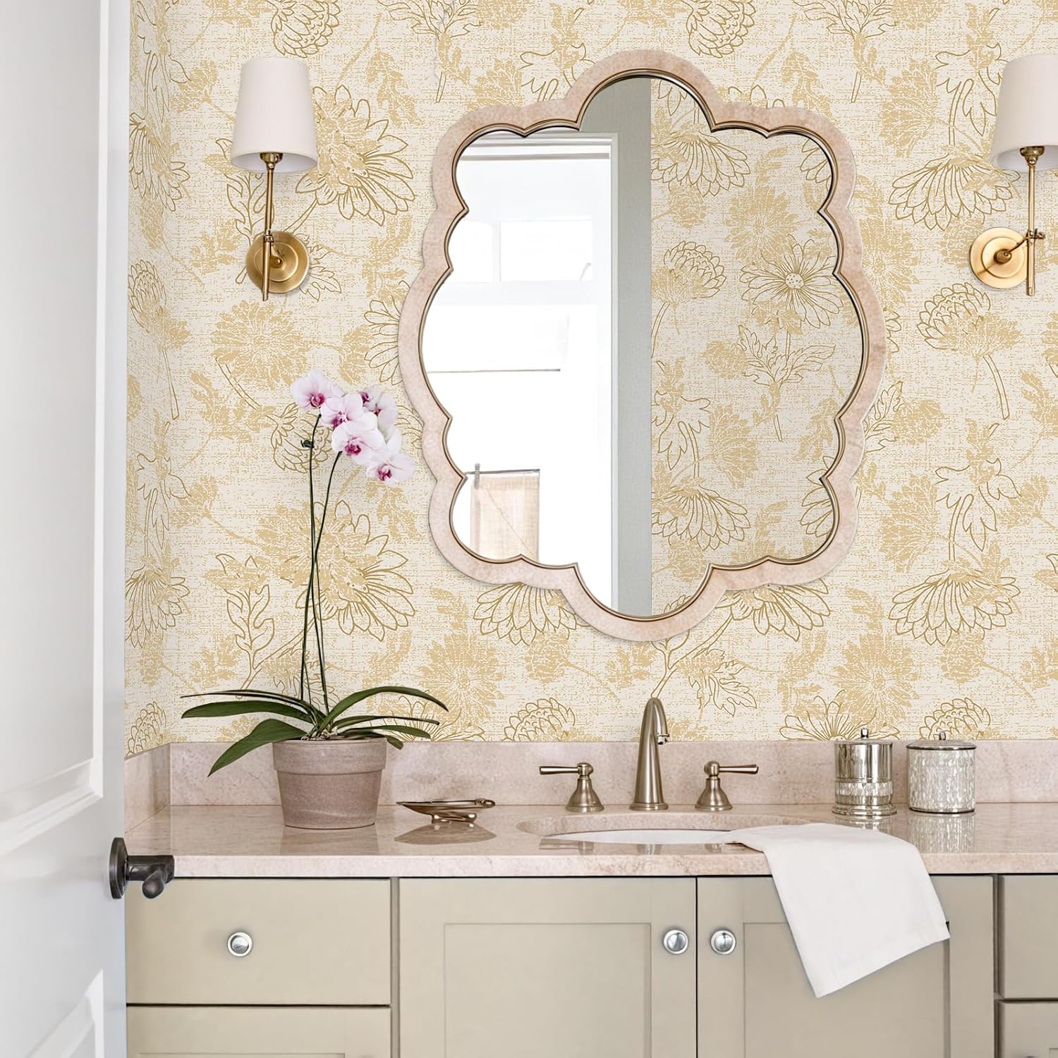 VEELIKE Rustic Gold Floral Peel and Stick Wallpaper Boho Daisy Dahlia Floral Wallpaper for Bedroom Bathroom 17.7''x118'' Temporary Self Adhesive Flower Wall Paper Contact Paper for Cabinets Drawers