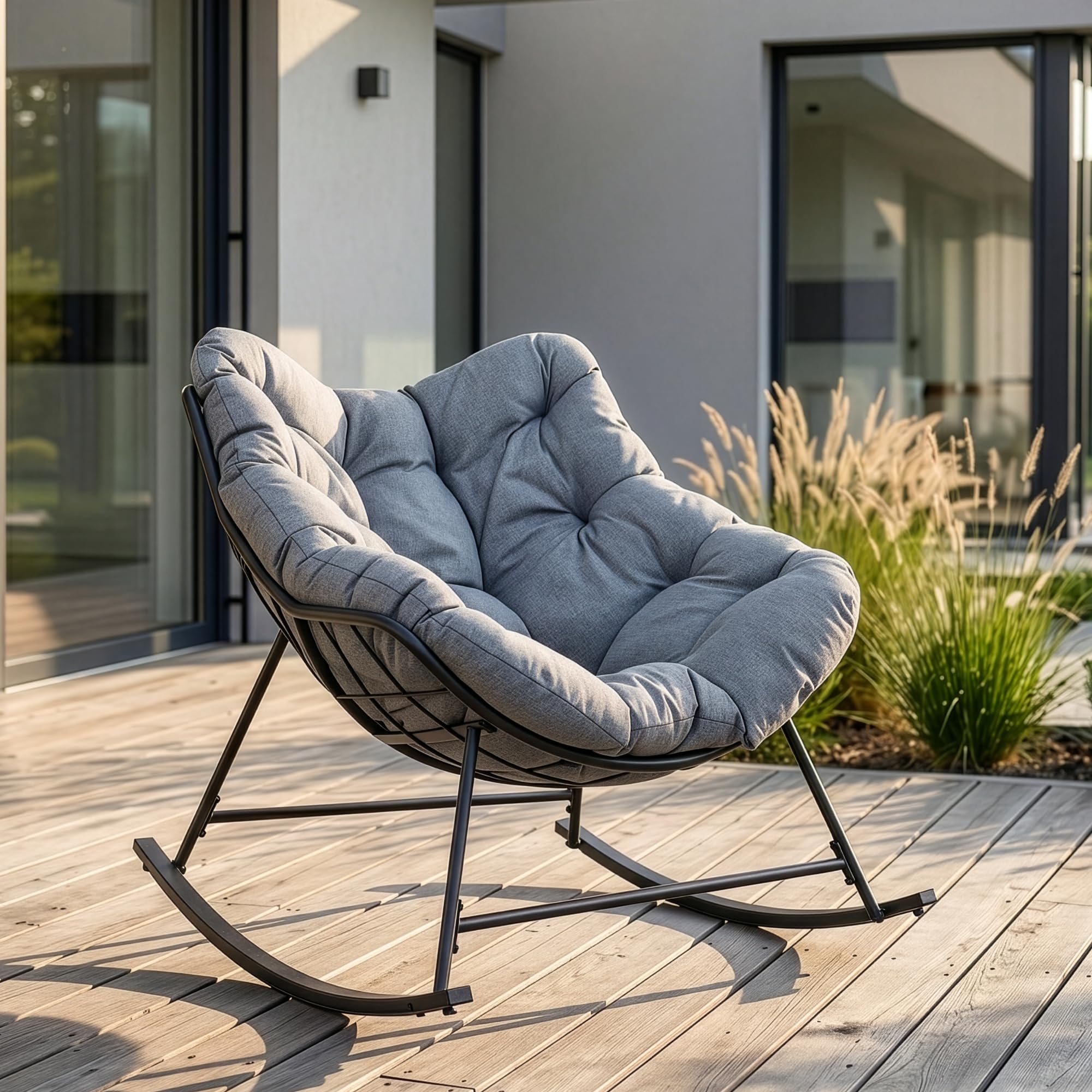 [en.casa] Silla Mecedora Villeneuve con cojín al Aire Libre Acero Gris | balancin jardin exterior 85x90x91cm acero textil máx. 120 kg