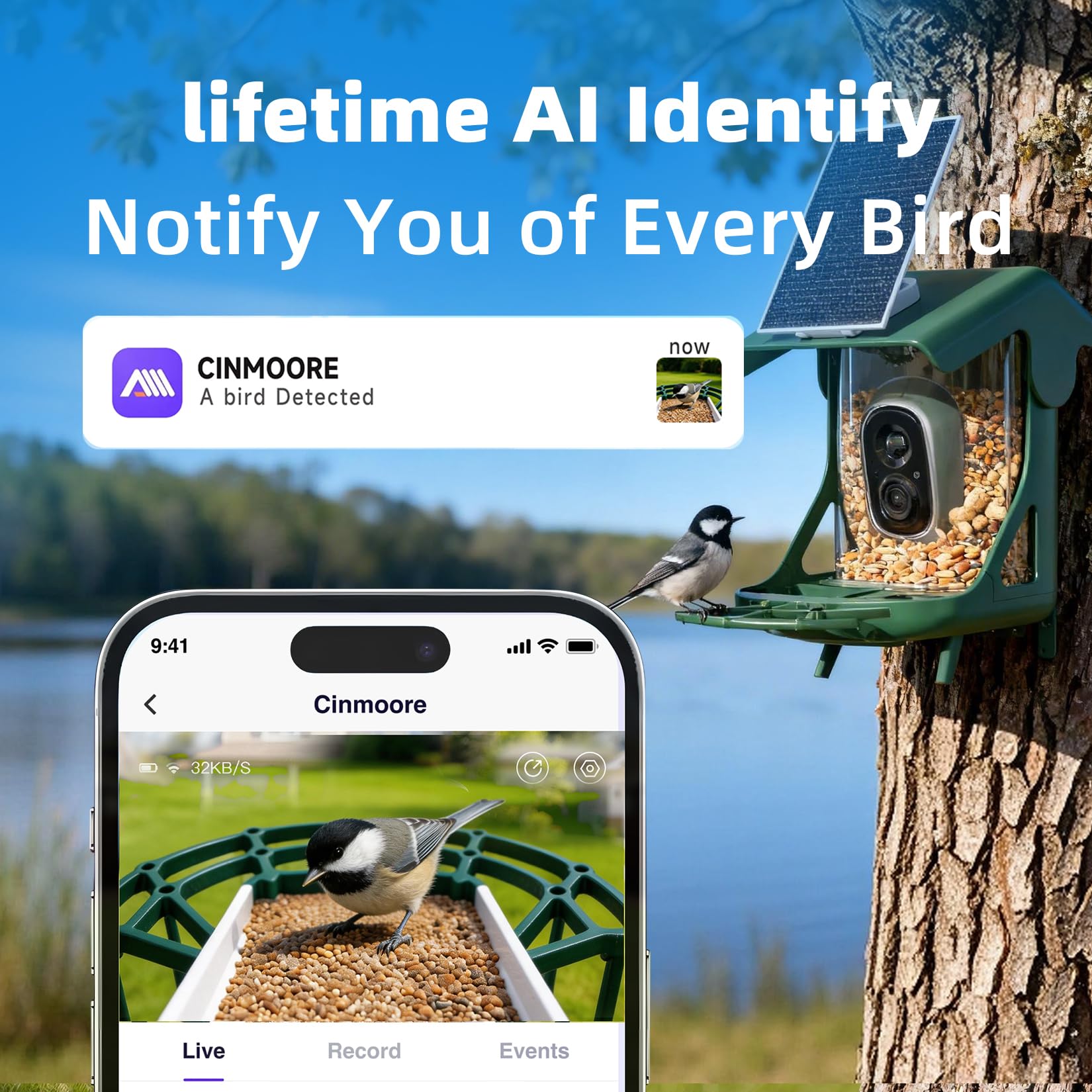 Vogelfutterstation mit Kamera, solarbetrieben, 4 MP 2,5 K Smart Outdoor Vogelhaus Cam, kostenlose KI-Vogelarten-Identifikation, Live-Ansicht & Wiedergabe, sofortige Benachrichtigungen