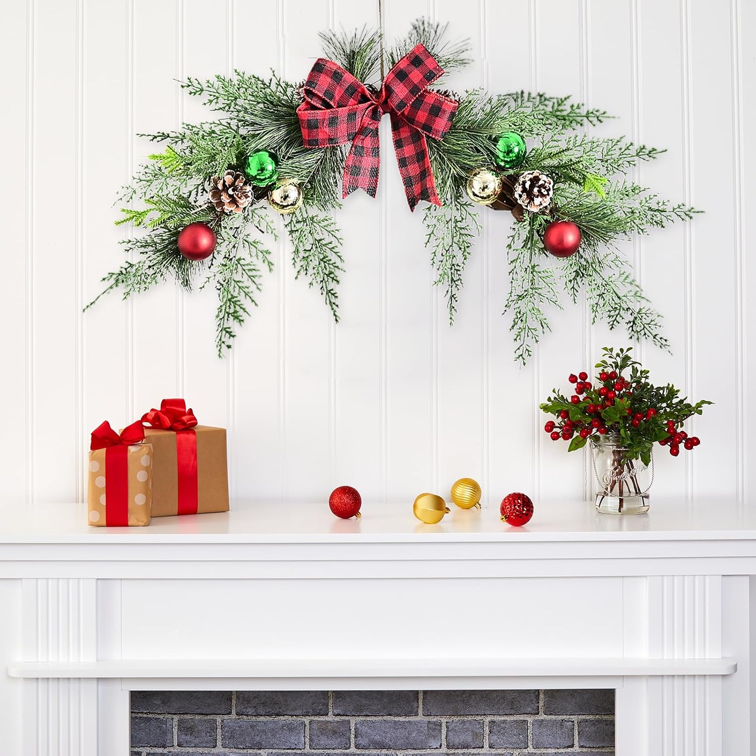 23.6 Inch Christmas Pine Needles Swag for Front Door Hanging Christmas Mailbox Swag with Pine Cone Xmas Ball Plaid Bowknot Faux Greenery Flower Wreath for Indoor Outdoor