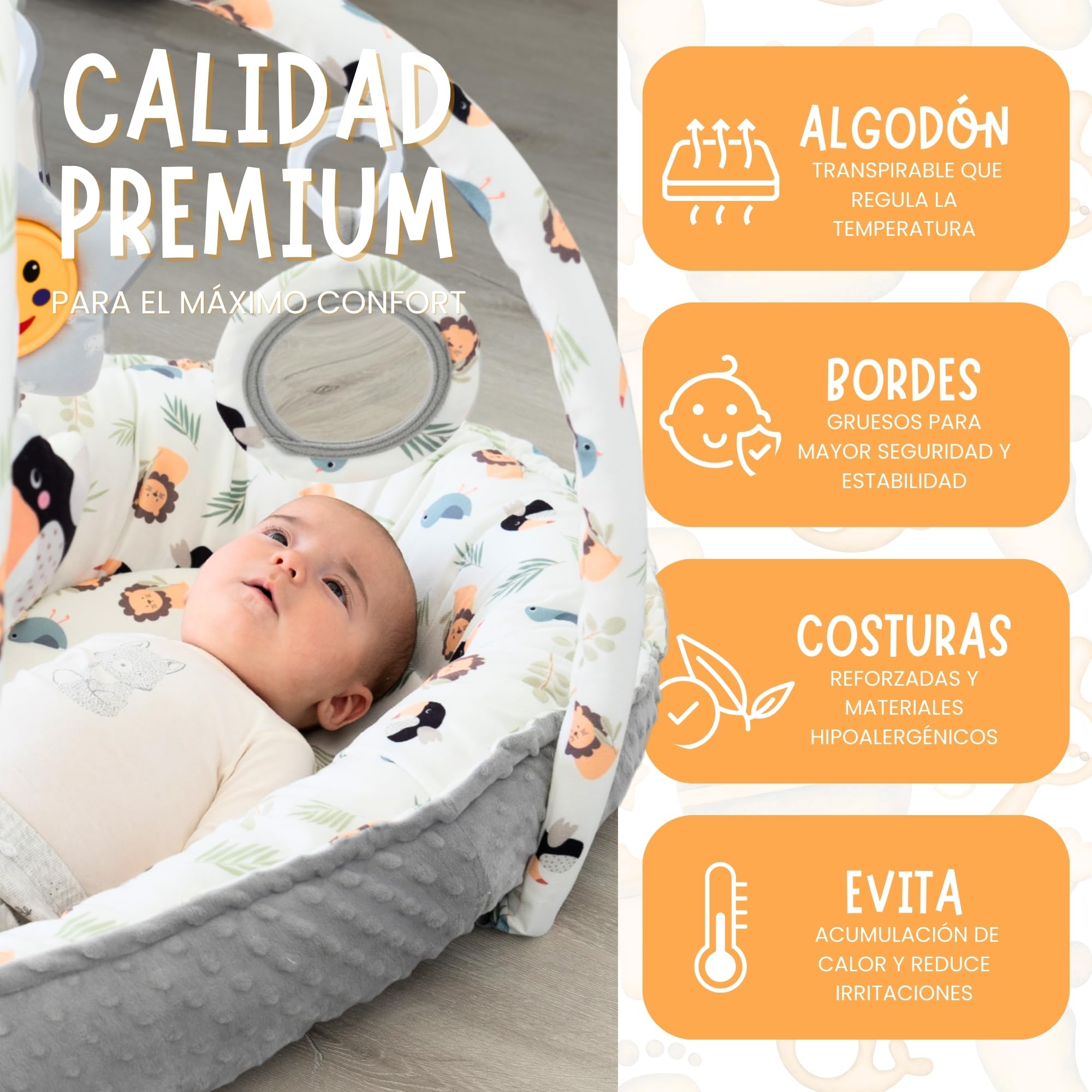 Nido de Bebé Recién Nacido 0-6 Meses - Reductor de Cuna 90cm con Arco de Juegos (5 Piezas Sensoriales) - Nido Colecho de Algodón Transpirable, Desmontable y Lavable