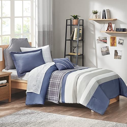 Intelligent Design Marsden - Edredón con diseño de rayas bordadas, almohada casual para todas las estaciones, funda a juego y juego de sábanas