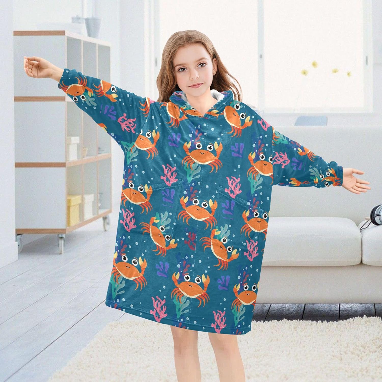 Cute Crab Kids Wearable Blanket Hoodie with Pocket and Sleeves for Toddlers, Cute Hoodies Girls Boys B0404072