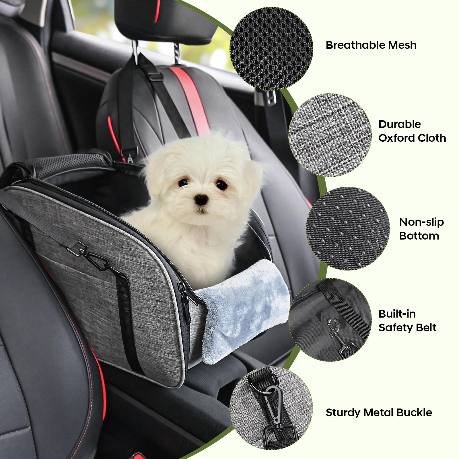 Hundeautositz für Kleine Hunde – Hunde Autositz für Mittelkonsole, Tragbarer Hundesitz mit Doppeltem Sicherheitsgurt und Rutschfester Unterseite, Waschbarem Kissen, Lagerungstasche, Grau