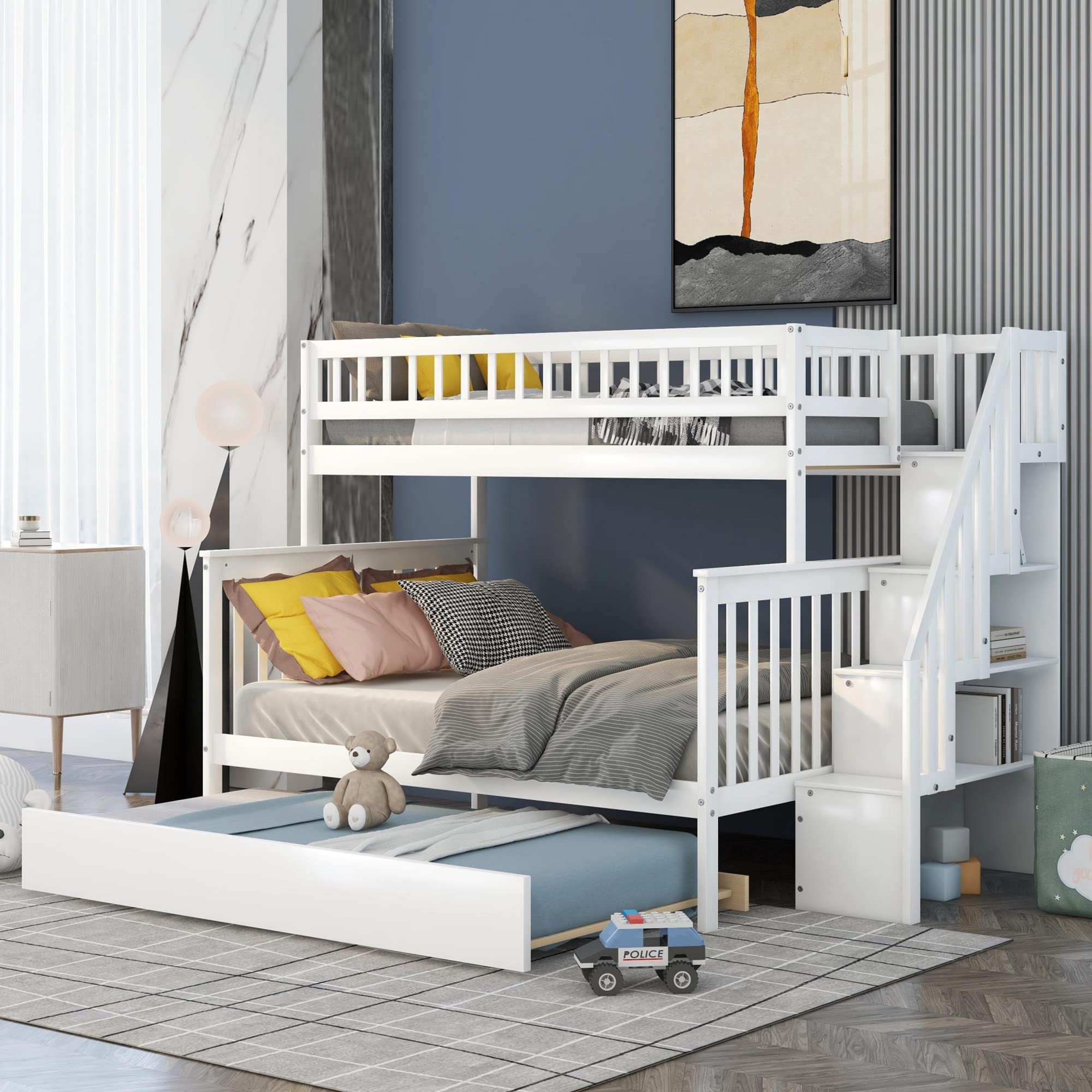 Bellemave Twin Over Full Bunk Bed with Trundle, Wooden Twin Over Full Bunk Bed Frame with Storage and Stairs, Can be Divided into 2 Beds for Kids,