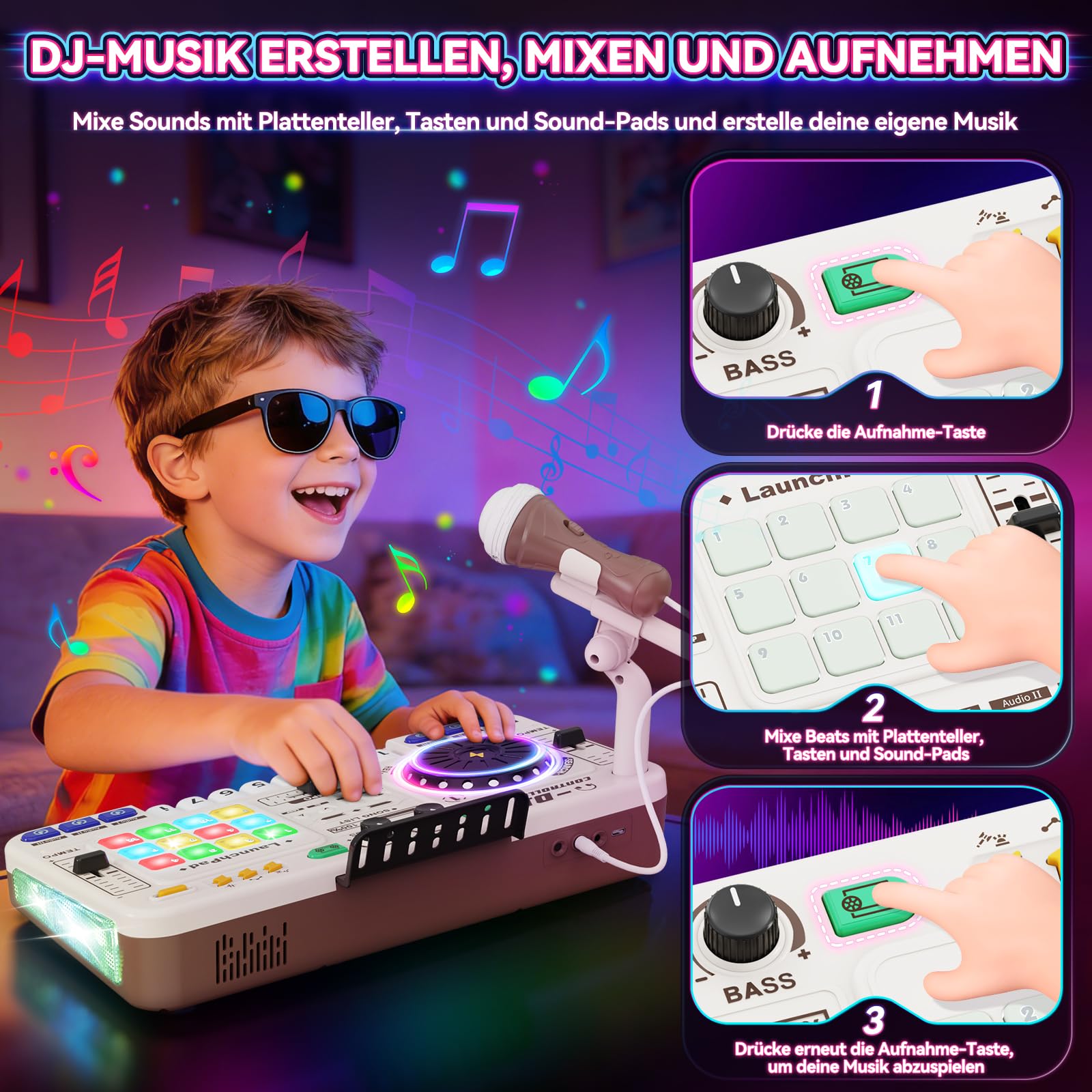 DJ Pult Kinder, DJ Controller, DJ Mischpult Kinder, DJ Mixer mit Aufnahmefunktion, Mikrofon, 100+ Soundeffekten, realistisches DJ Turntable & Drum Pads, Geschenk für Jungen Mädchen 3-12 Jahre, Weiß