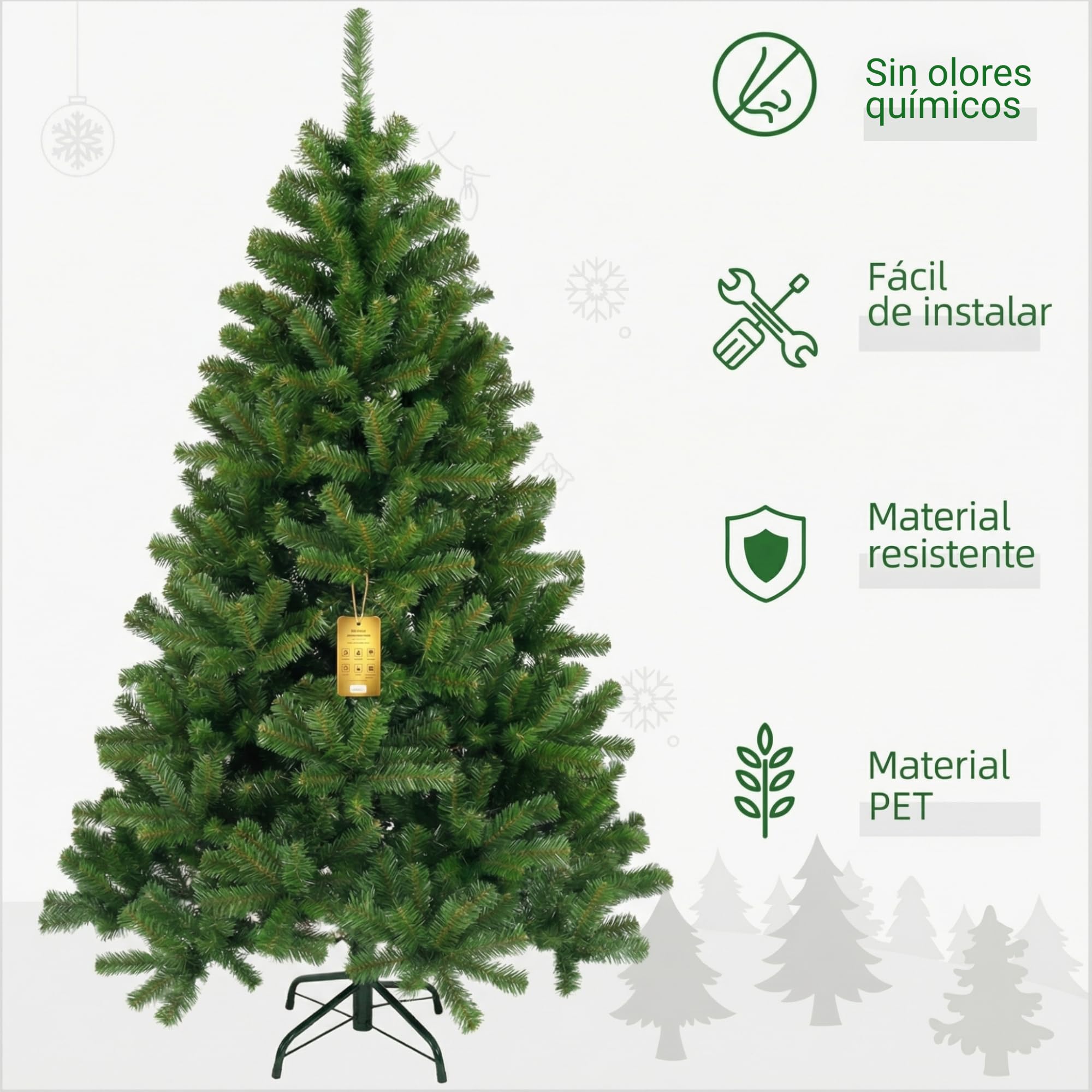 Árbol de Navidad Artificial Viridian 150cm/180cm/210cm con Soporte Metálico Plegable, Material Pet, Fácil Montaje y Almacenamiento (Viridian, 150 cm)