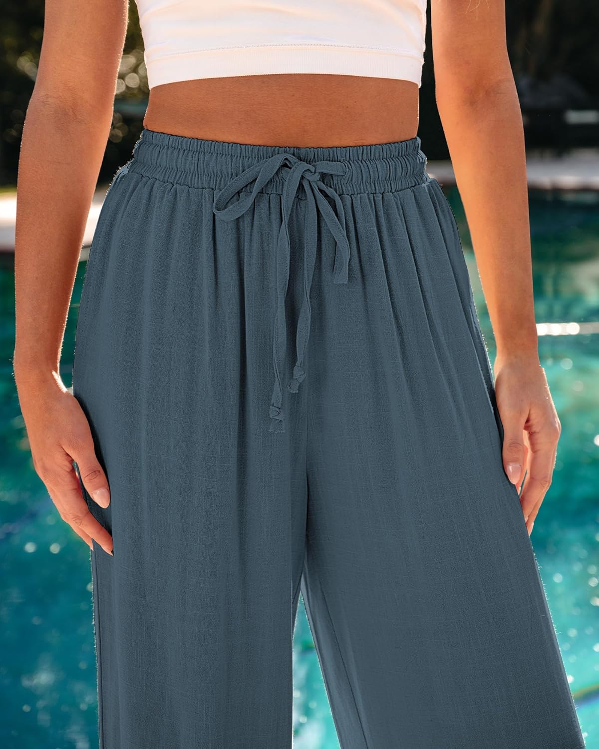 GRAPENT Wide Leg Pants Woman Linen High Waisted Pull On Flowy Casual Baggy Drawstring Palazzo Trousers Pants Resort Wear - Image 4