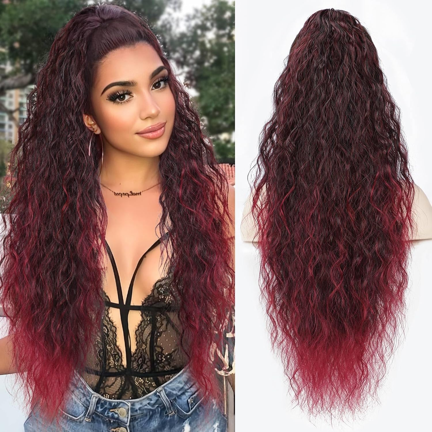 Lommel Ponytail Extension, Claw Clip Ponytail Extension for Women Long Wavy Pony Tails Hair Extensions Fluffy Natural Looking Synthetic 26 Inch Clip in Ponytail Hairpiece for Daily Use(Omber Burgundy) 26 Inch Omber Burgundy