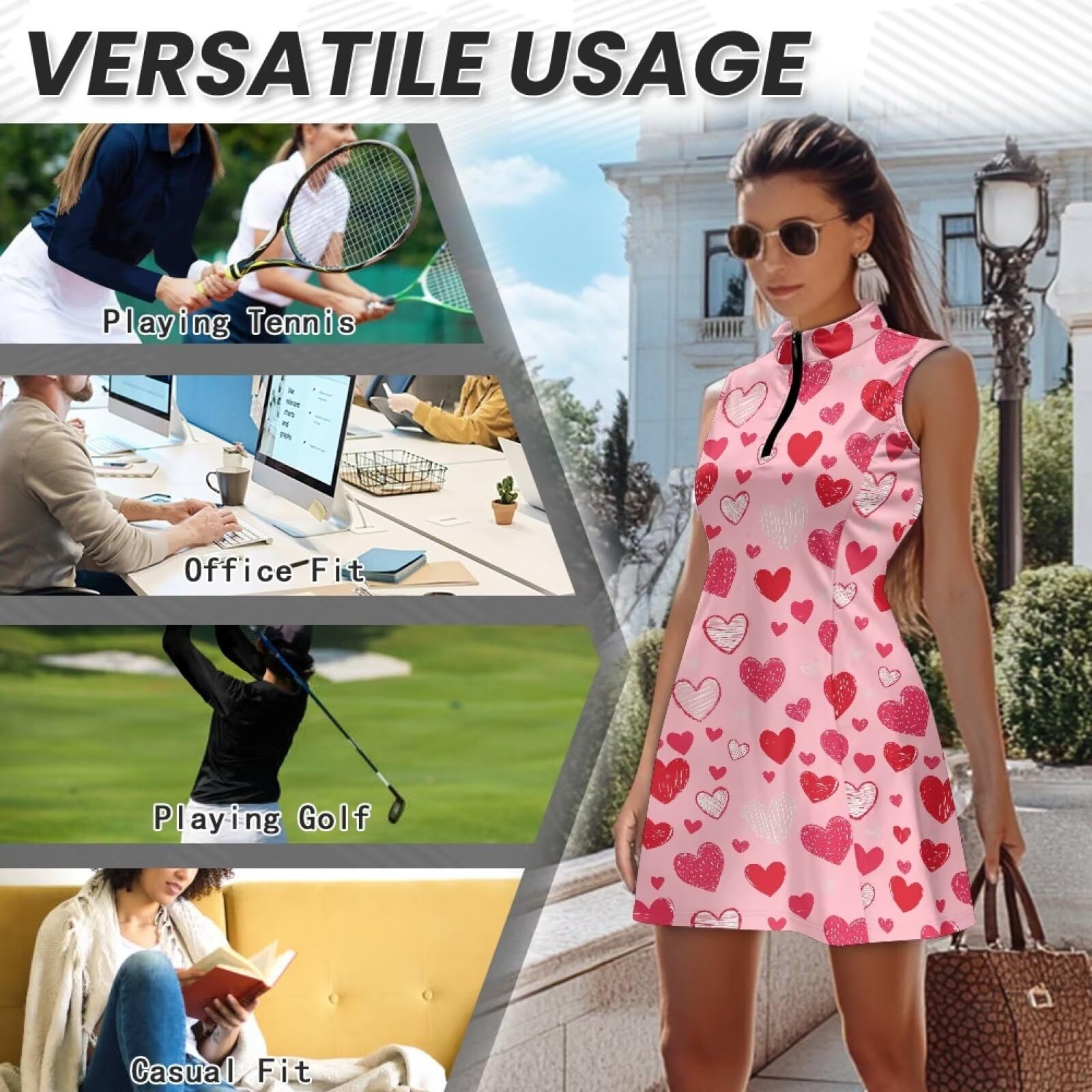 Vestido de tenis para mujer con pantalones cortos integrados, secado rápido, cuello con cremallera, vestidos de golf y tenis atléticos