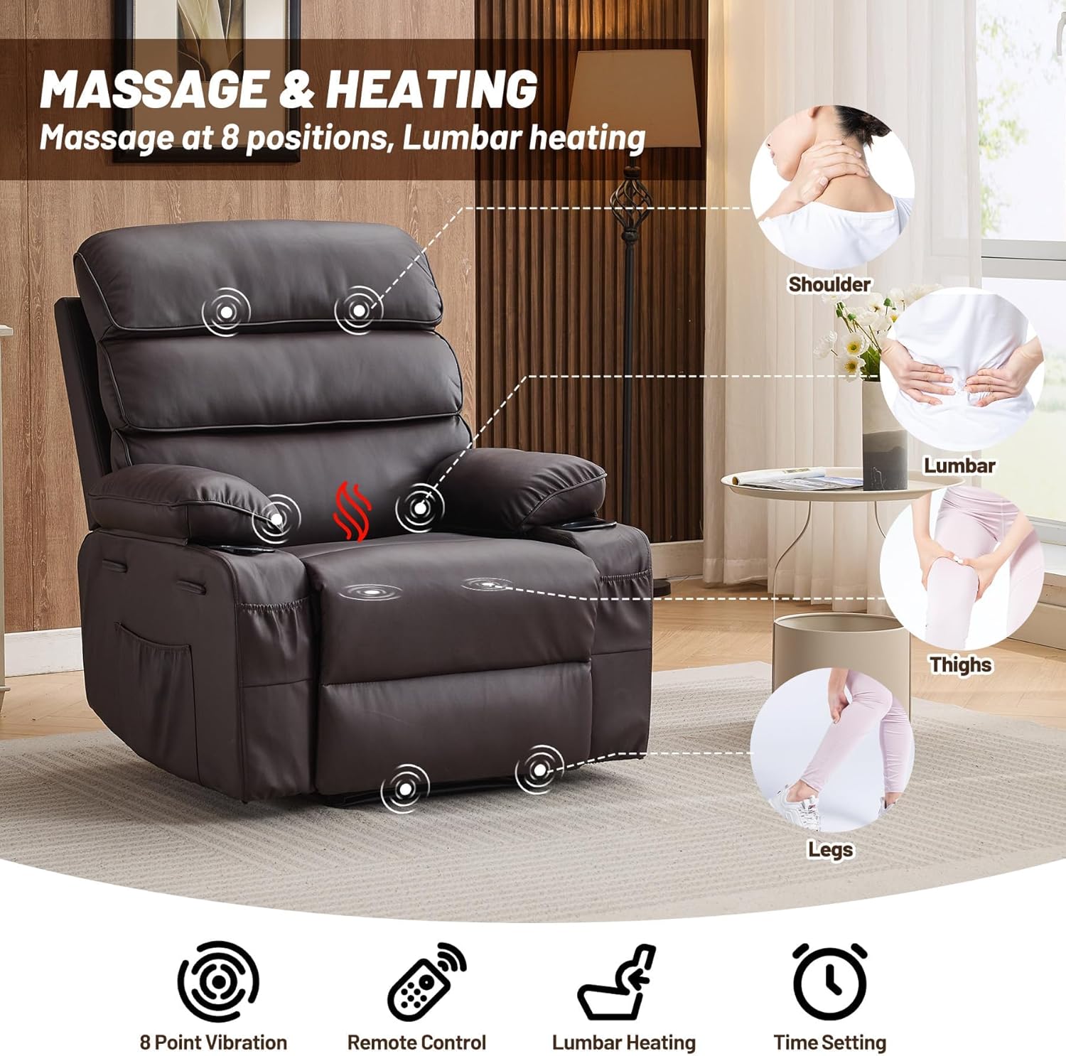 Garvee PU Leather Manual Recliner Chair with Massage and Heat, 27" Extra Wide Seat, 400 lbs Capacity, Thickened Sponge Armrests and Back, Cup Holders & Side Pocket, Living Room or Bedroom, Dark Brown