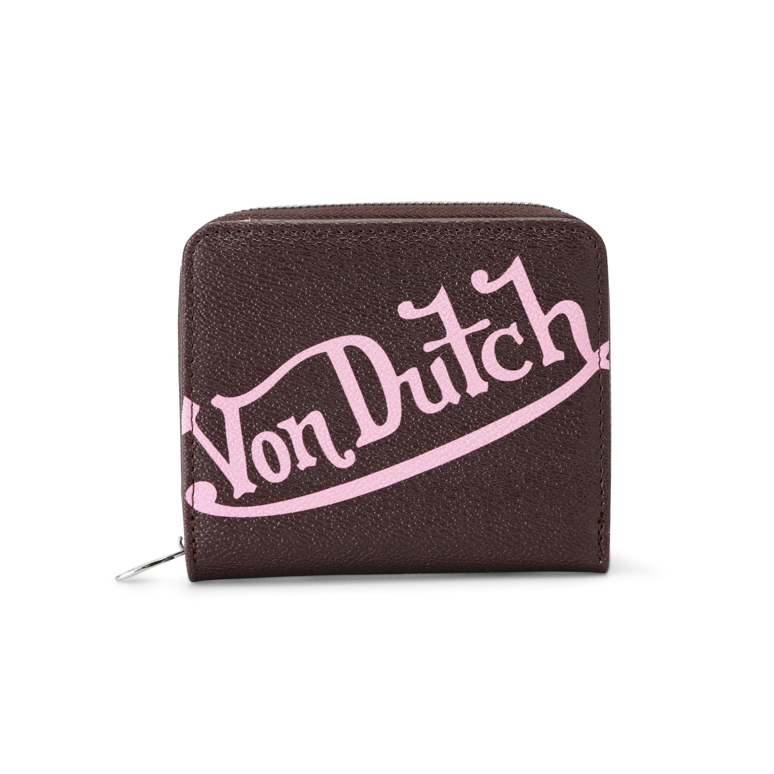Von Dutch Zip-Up Wallet with ID Window, Vegan Leather, Slim Unisex Design for Men & Women (Brown)