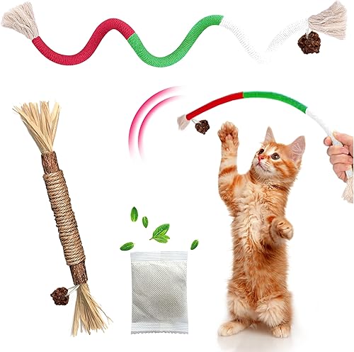 Juguetes para gatos con cuerda masticable y palos de vid plateada para gatos adultos aburridos de interior, 2 juguetes interactivos de hierba gatera