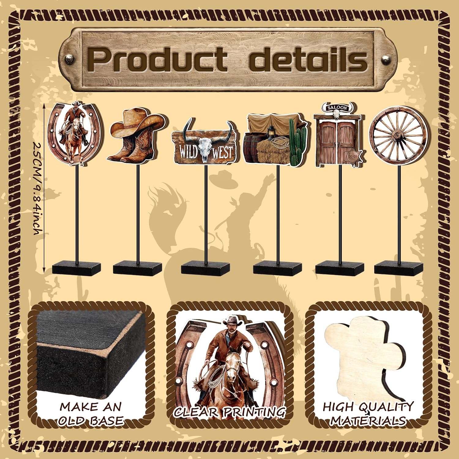 6 Pcs Western Table Centerpieces Wooden Cowboy Table Decorations Standing Wild West Party Decorations Country 3D Cowboy Boot Western Theme Birthday Party Tabletop Decor