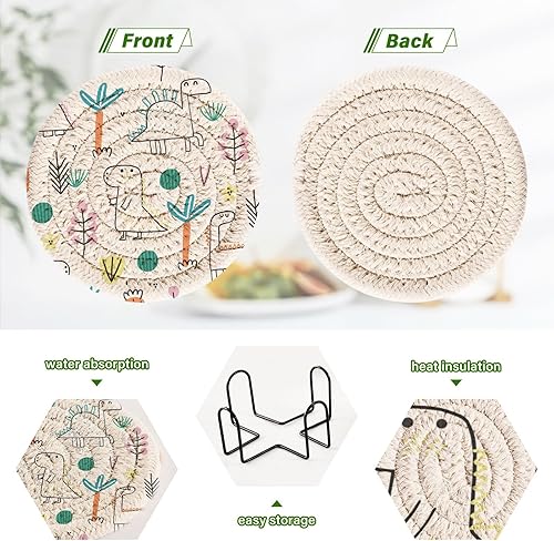 Miniatura 4 de Drink Coasters Set Set of 6 with Holder Office Coasters for Drinks Coasters for Office Porta Vasos para Mesas Cute Dinosaurs
