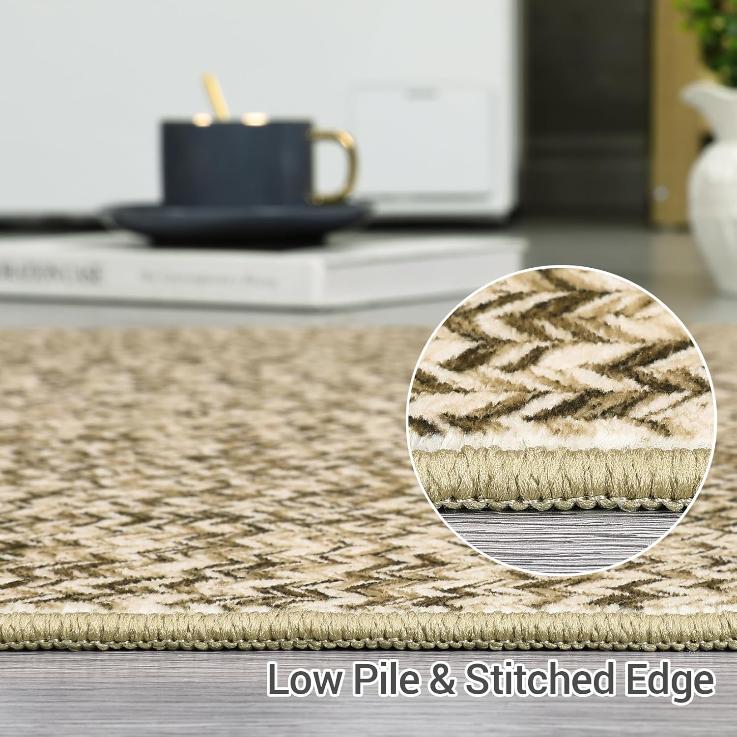 ROYHOME Runner Rug Print Braided Hallway Runner Washable Area Rug, Stain Resistant Non-Slip Farmhouse Printed Textured Carpet Floor Cover for Entryway Bedroom Kitchen, Linen, 2' x 6'