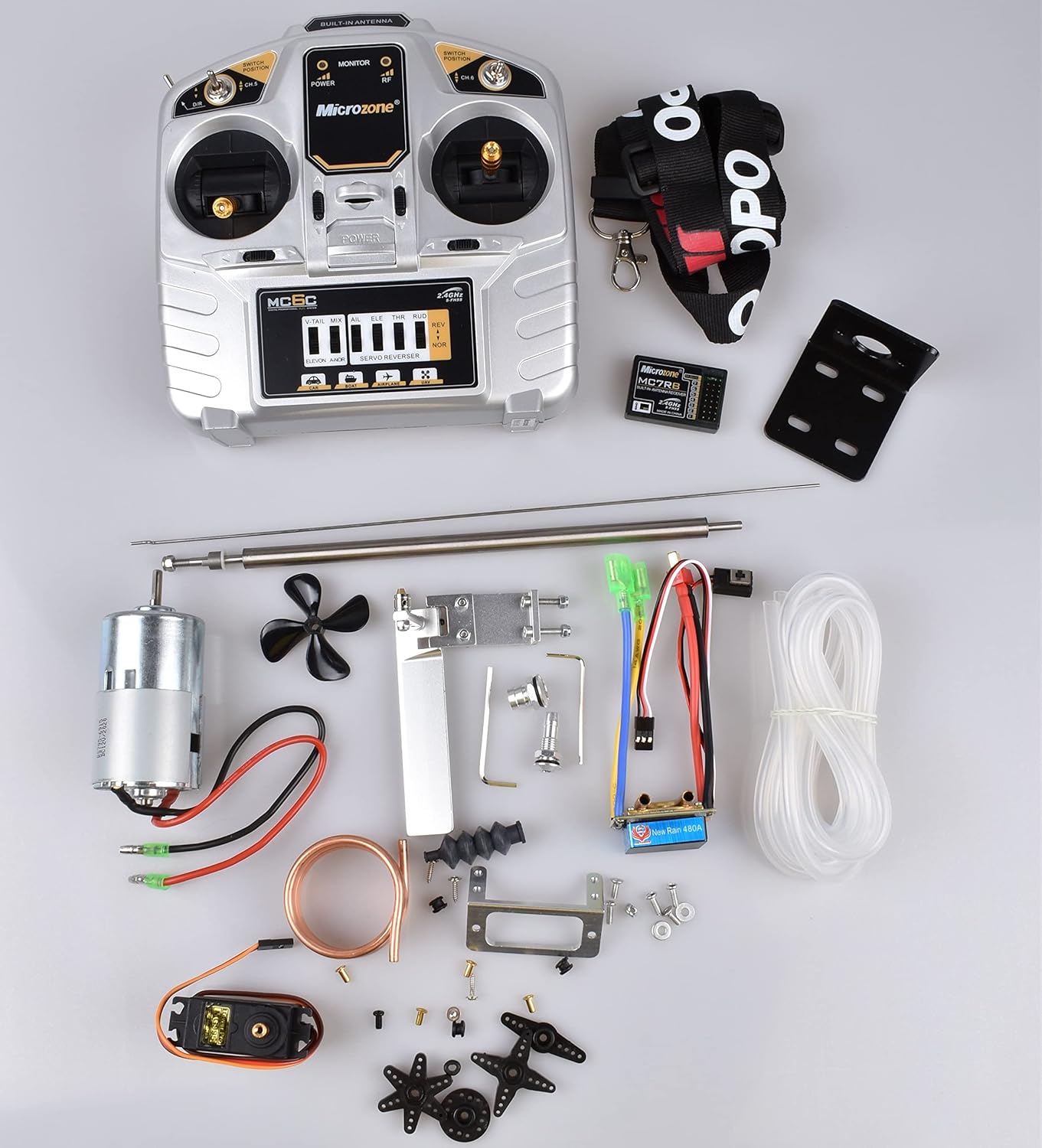 RC Boat Jet Boat Kit, 775 Motor, 95mm Rudder, 480A ESC, MC6C Transmitter, MC6RE Receiver, For 40cm-100cm Hulls